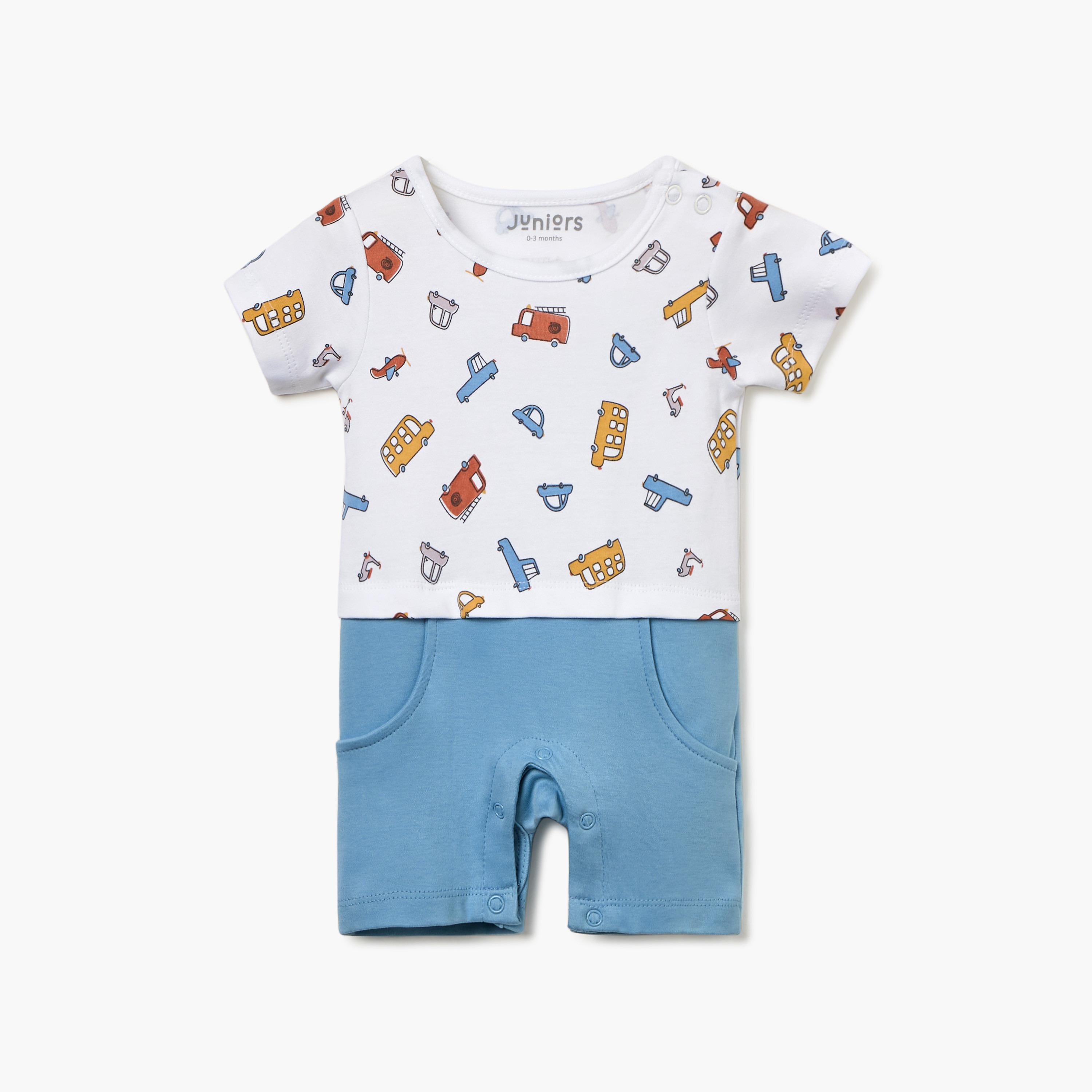 Juniors Vehicle Print Romper with Short Sleeves and Button Closure-baby-boys-clothing-rompers-image-1