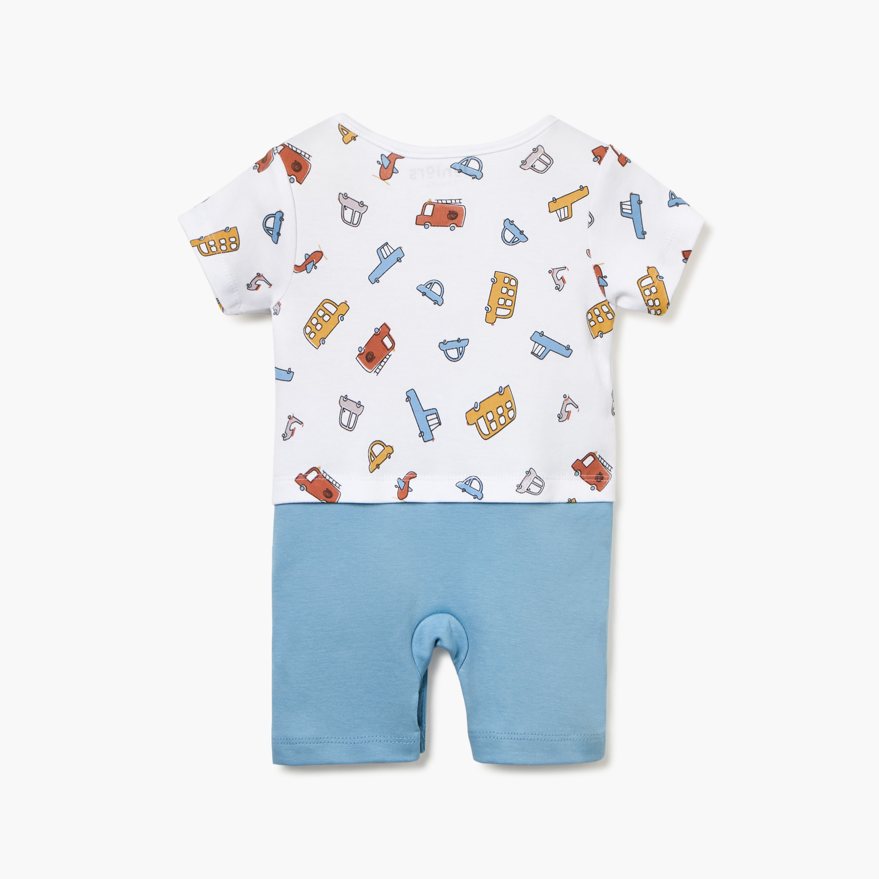 Juniors Vehicle Print Romper with Short Sleeves and Button Closure-baby-boys-clothing-rompers-image-2
