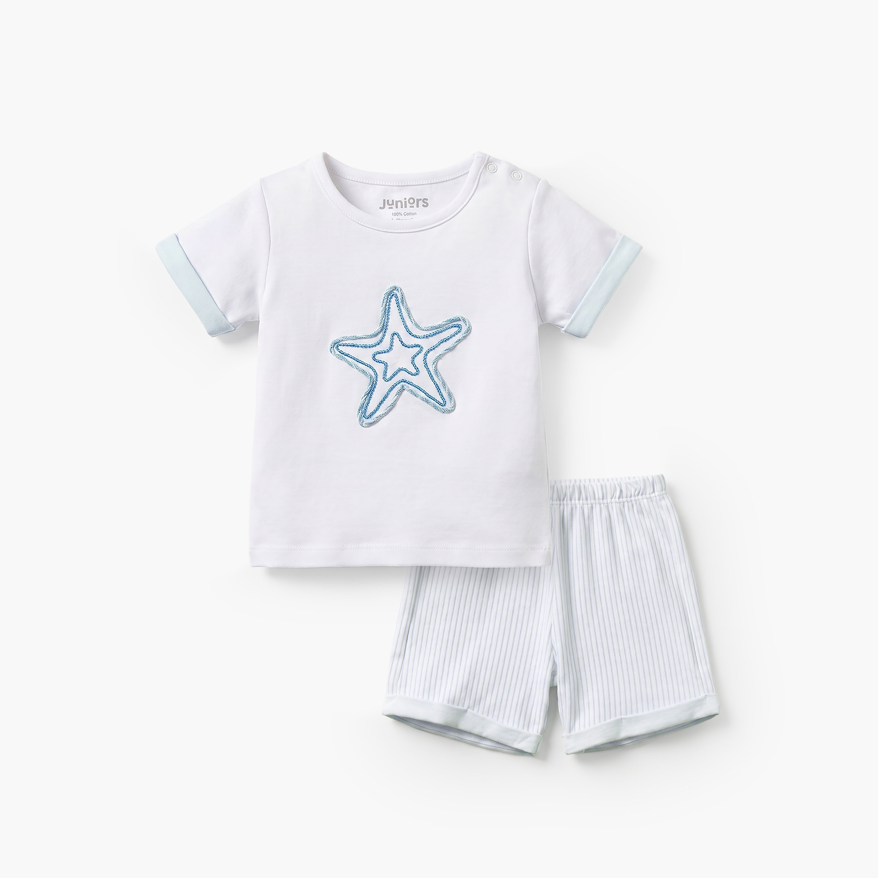 Juniors Crew Neck Short Sleeves T-shirt and Shorts Set with Starfish Embroidery-baby-boys-clothing-setsandcoords-image-1