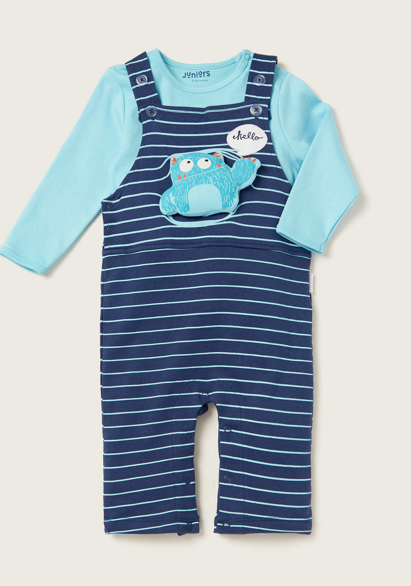 Juniors Solid Long Sleeves T-shirt with Striped Dungaree Set-Rompers%2C Dungarees and Jumpsuits-image-0