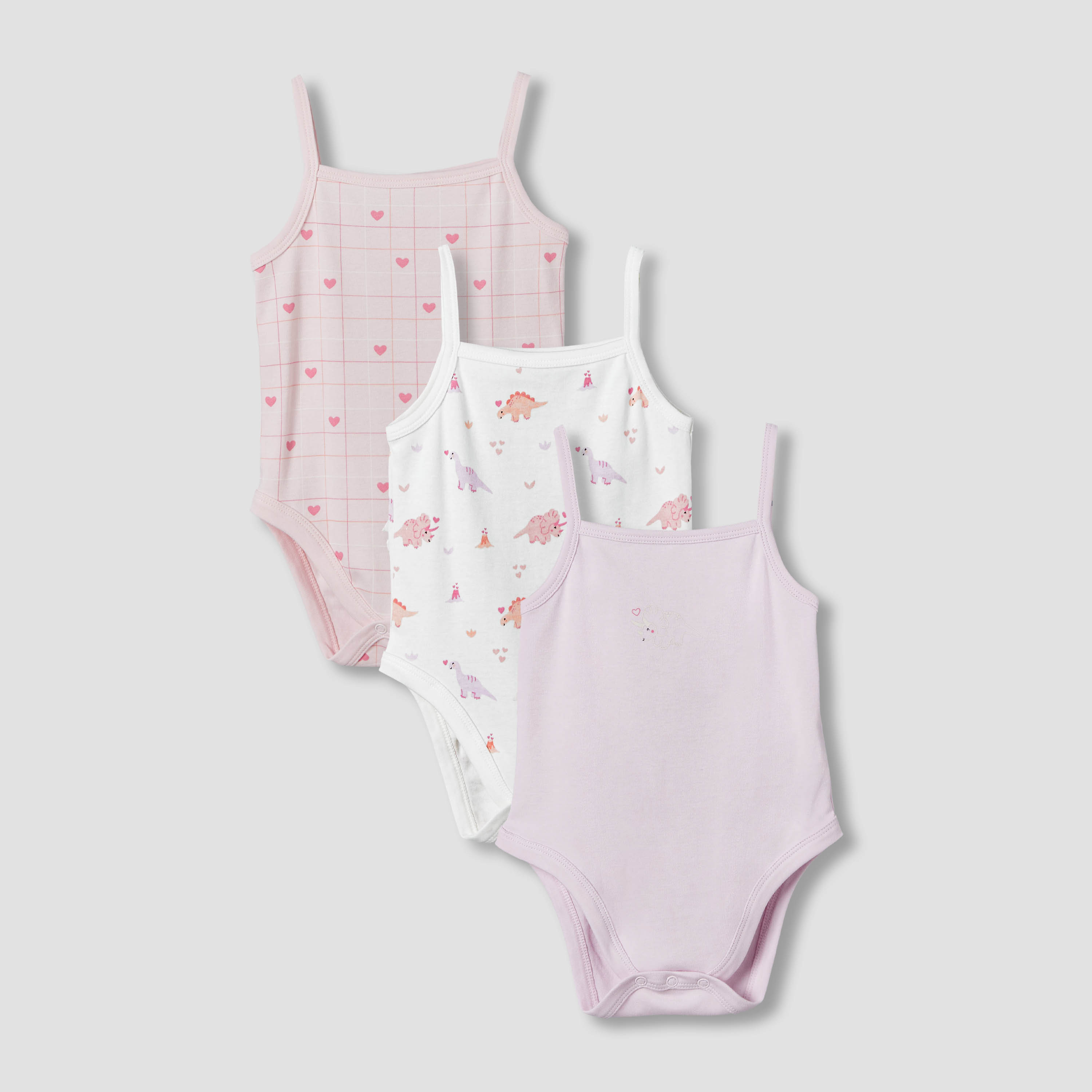 Pack of 3 Juniors Cotton Strappy Bodysuit with Dinosaur Print-baby-girls-clothing-bodysuits-image-1