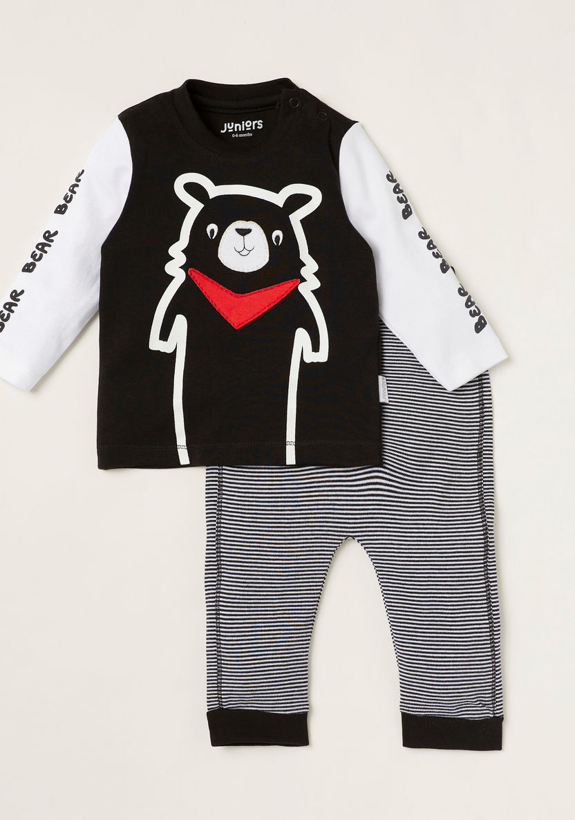Juniors Bear Print T-shirt with Long Sleeves and Striped Jog Pants Set-Pyjama Sets-image-0