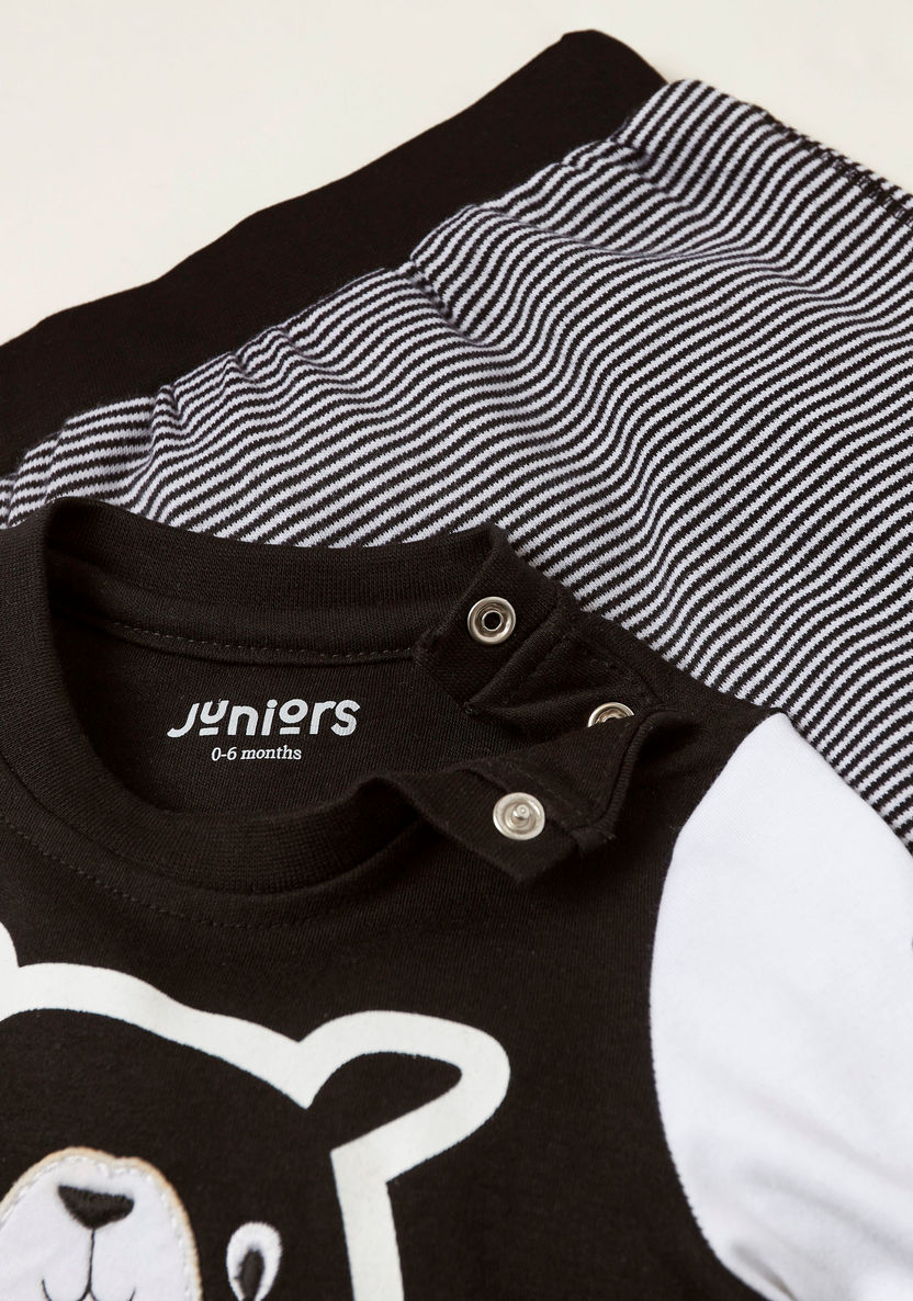 Juniors Bear Print T-shirt with Long Sleeves and Striped Jog Pants Set-Pyjama Sets-image-3