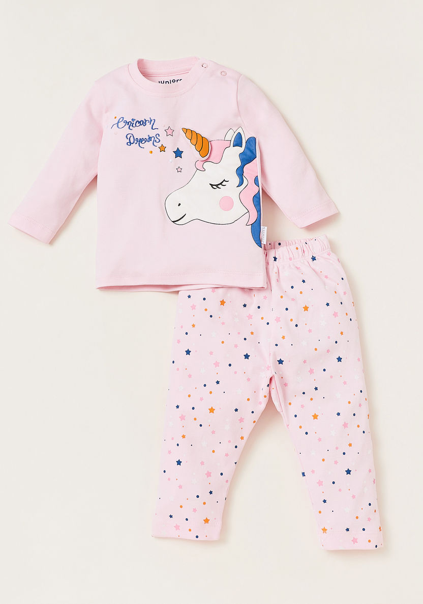 Juniors Unicorn Print T-shirt and Full Length Pyjama Set-Sleepsuits-image-0