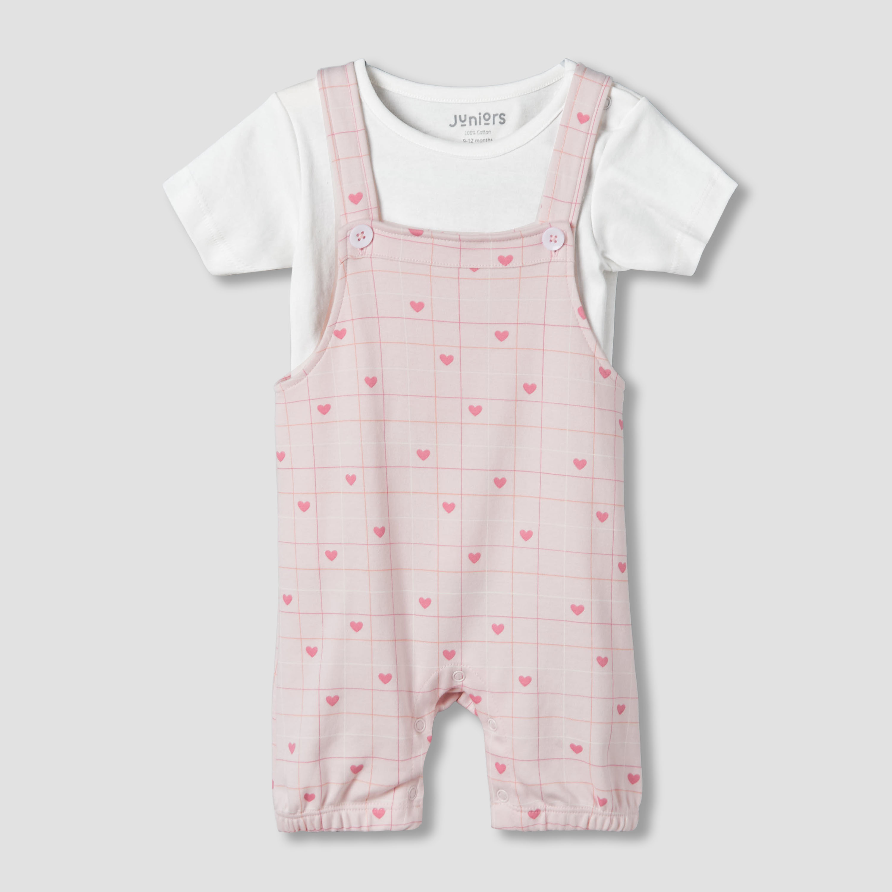 Juniors Short Sleeves T-shirt and Dungaree Set with Heart Print-baby-girls-clothing-setsandcoords-image-1