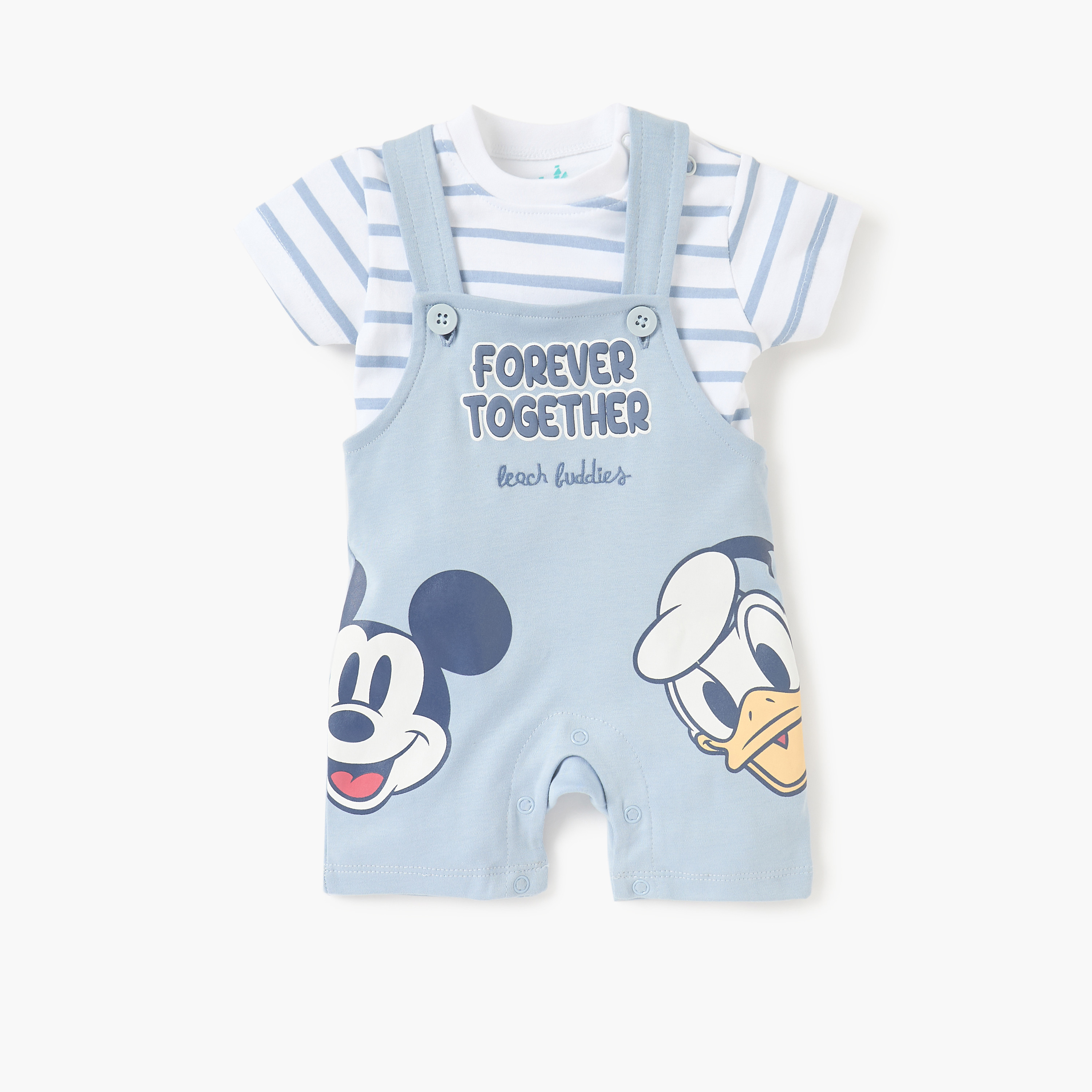 Juniors Striped T-shirt and Mickey Mouse Print Dungarees Set-baby-boys-clothing-setsandcoords-image-1
