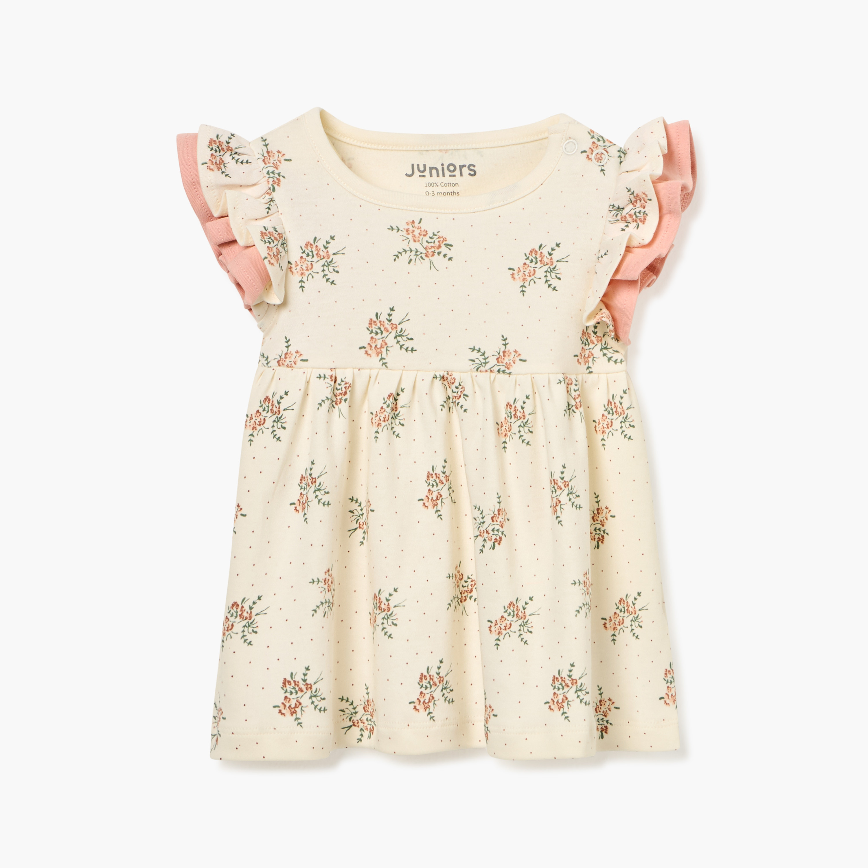 Juniors Floral Print Dress with Round Neck and Ruffle Sleeves-baby-girls-clothing-dressesandjumpsuits-image-1