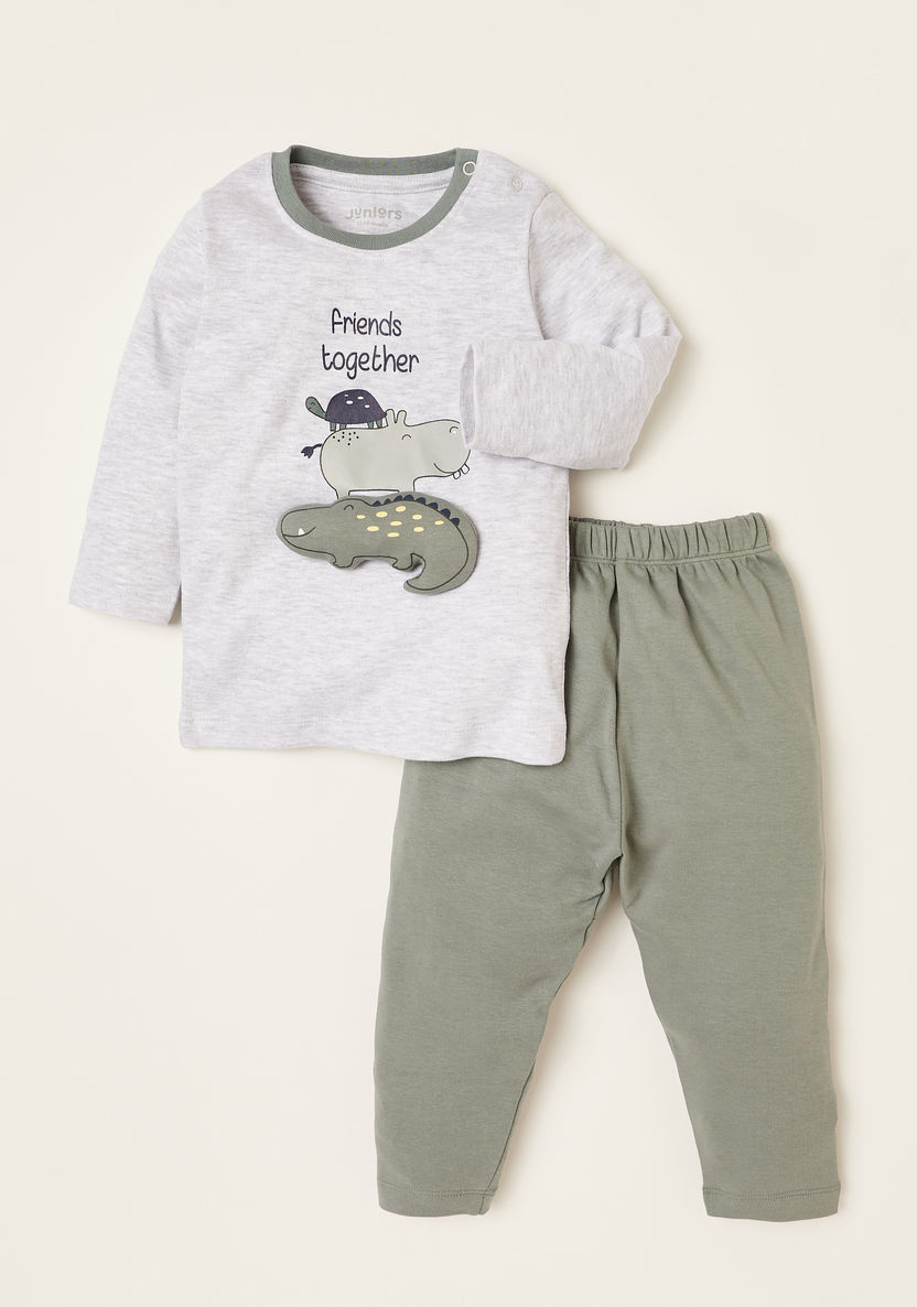 Juniors Safari Print T-shirt and Solid Pyjama Set-Pyjama Sets-image-0