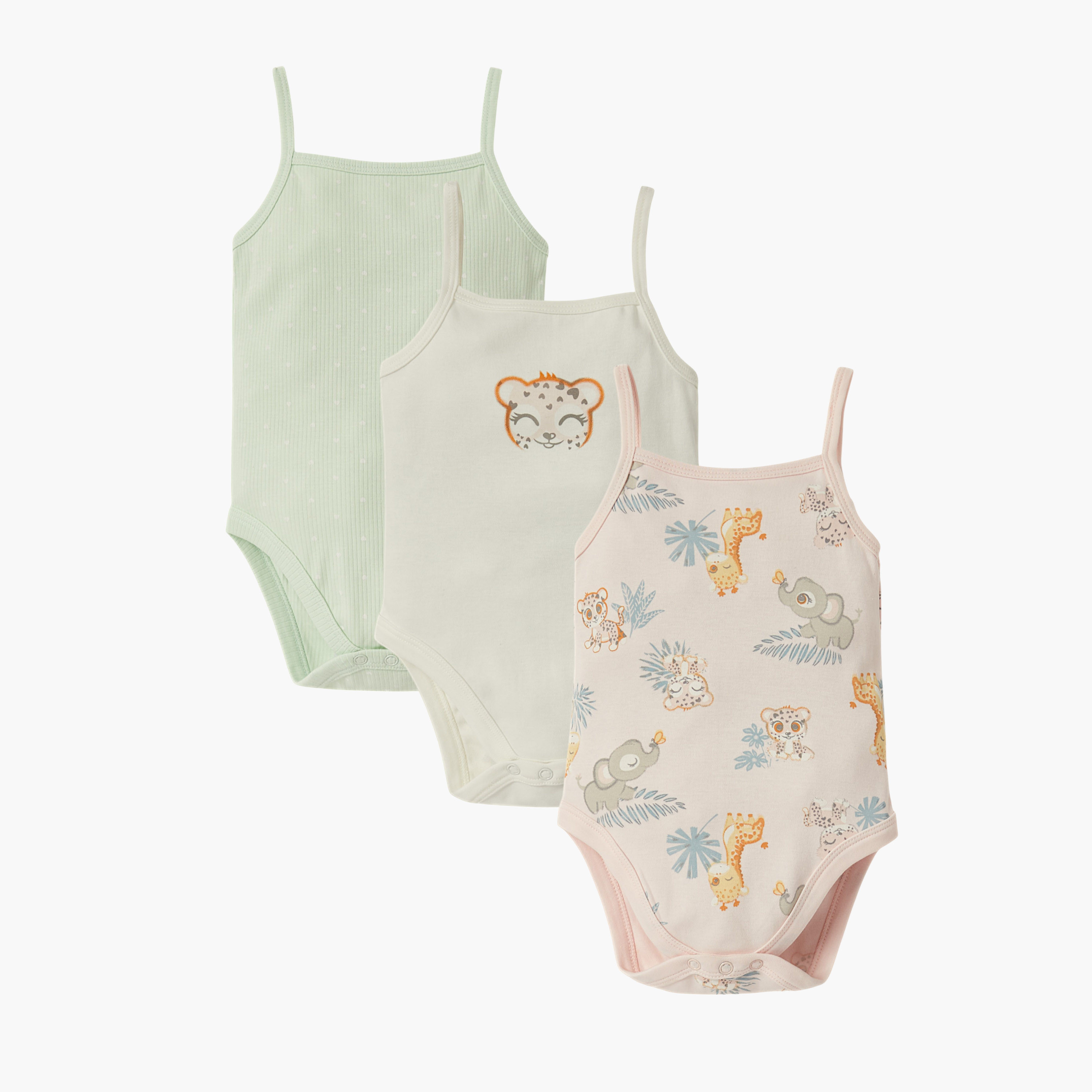 Juniors Printed Strappy Bodysuit with Snap Button Closure - Set of 3-baby-girls-clothing-bodysuits-image-1