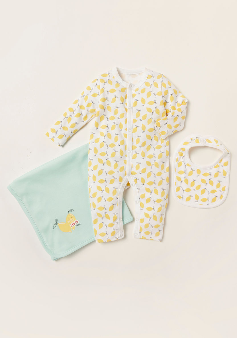 Juniors Lemon Print Long Sleeves Romper with Blanket and Bib-Clothes Sets-image-0