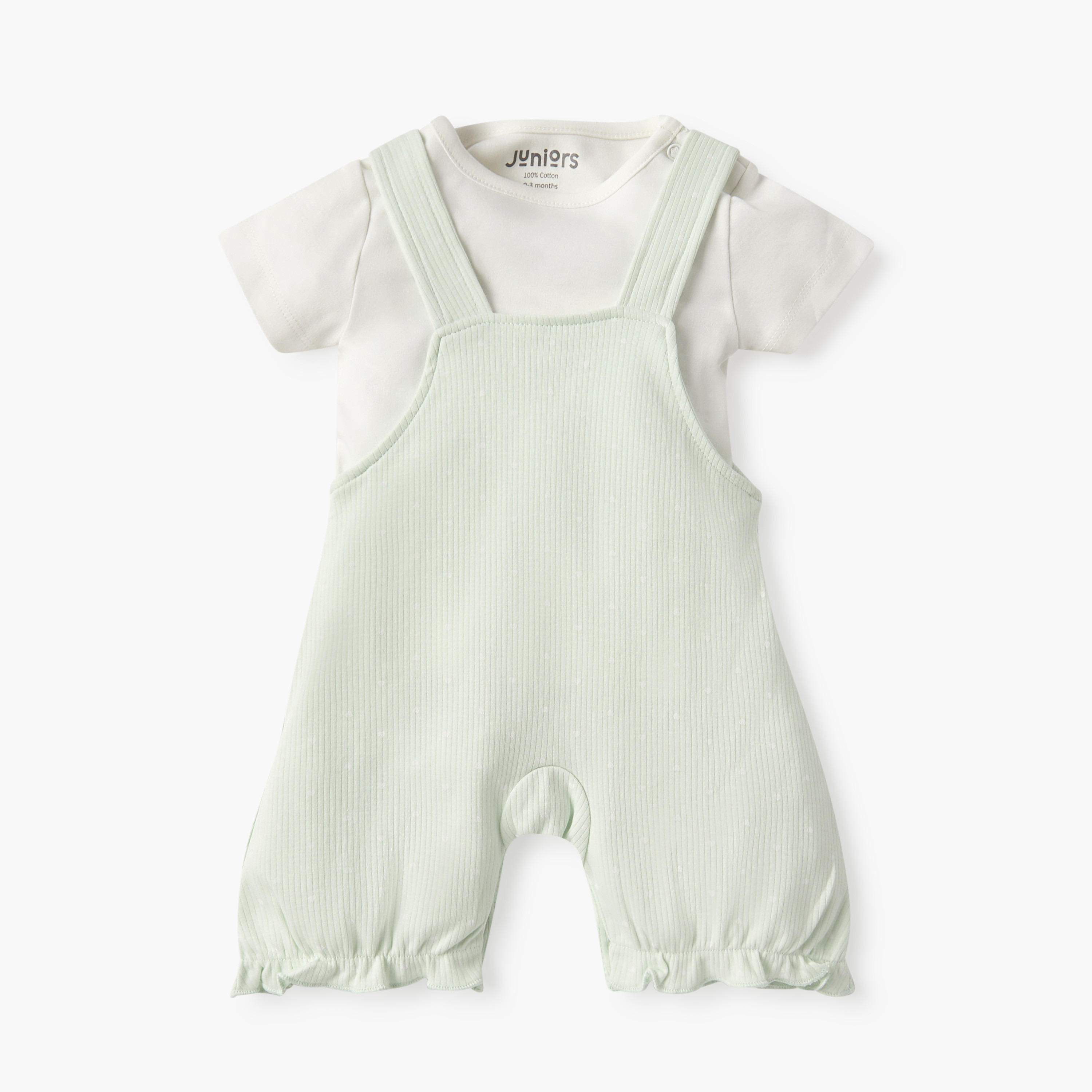 Juniors Polka Dot Print Dungaree with Short Sleeves T-shirt-baby-girls-clothing-rompers-image-1
