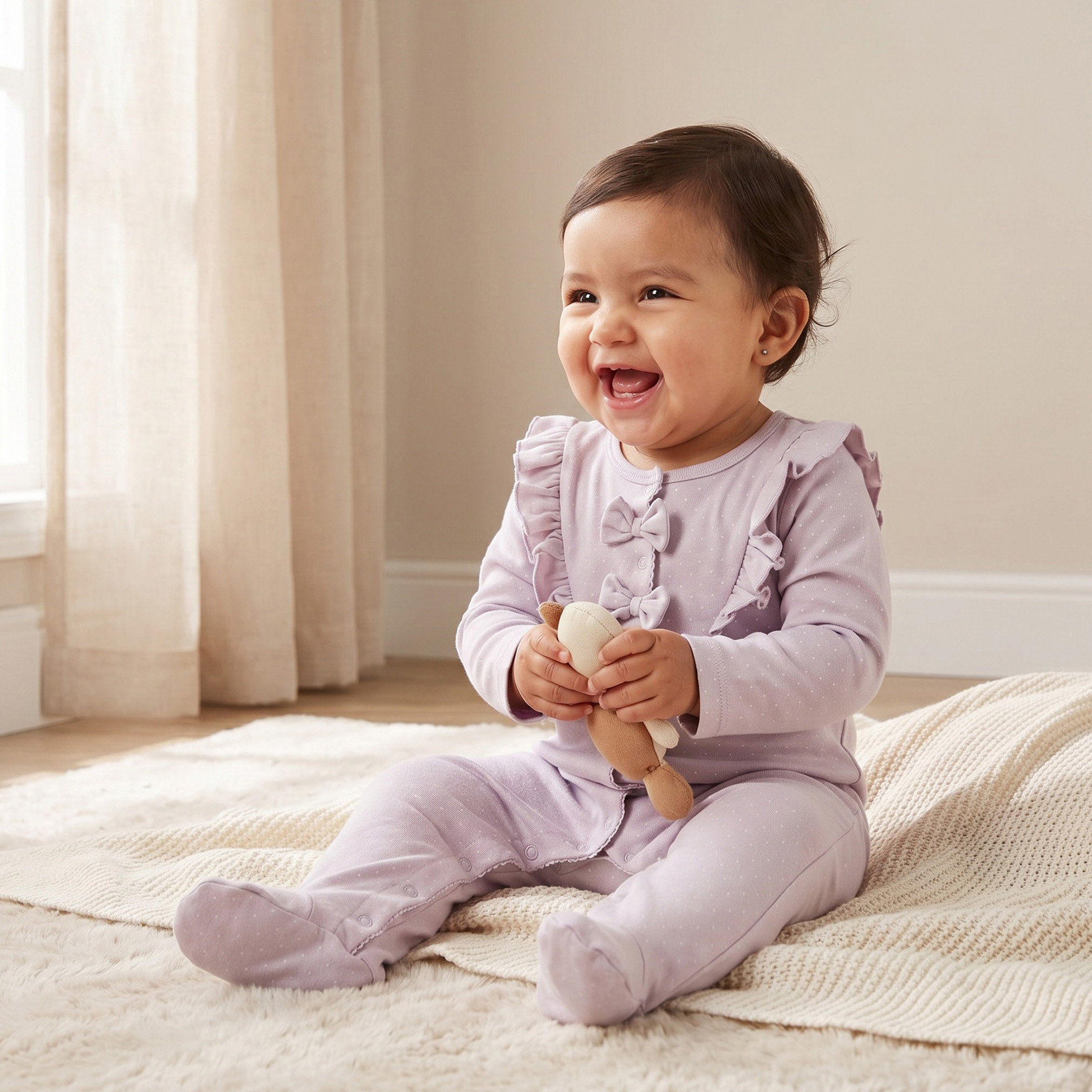 Juniors Polka Dot Print Sleepsuit with Ruffle and Long Sleeves-baby-girls-clothing-nightwear-sleepsuits-image-1