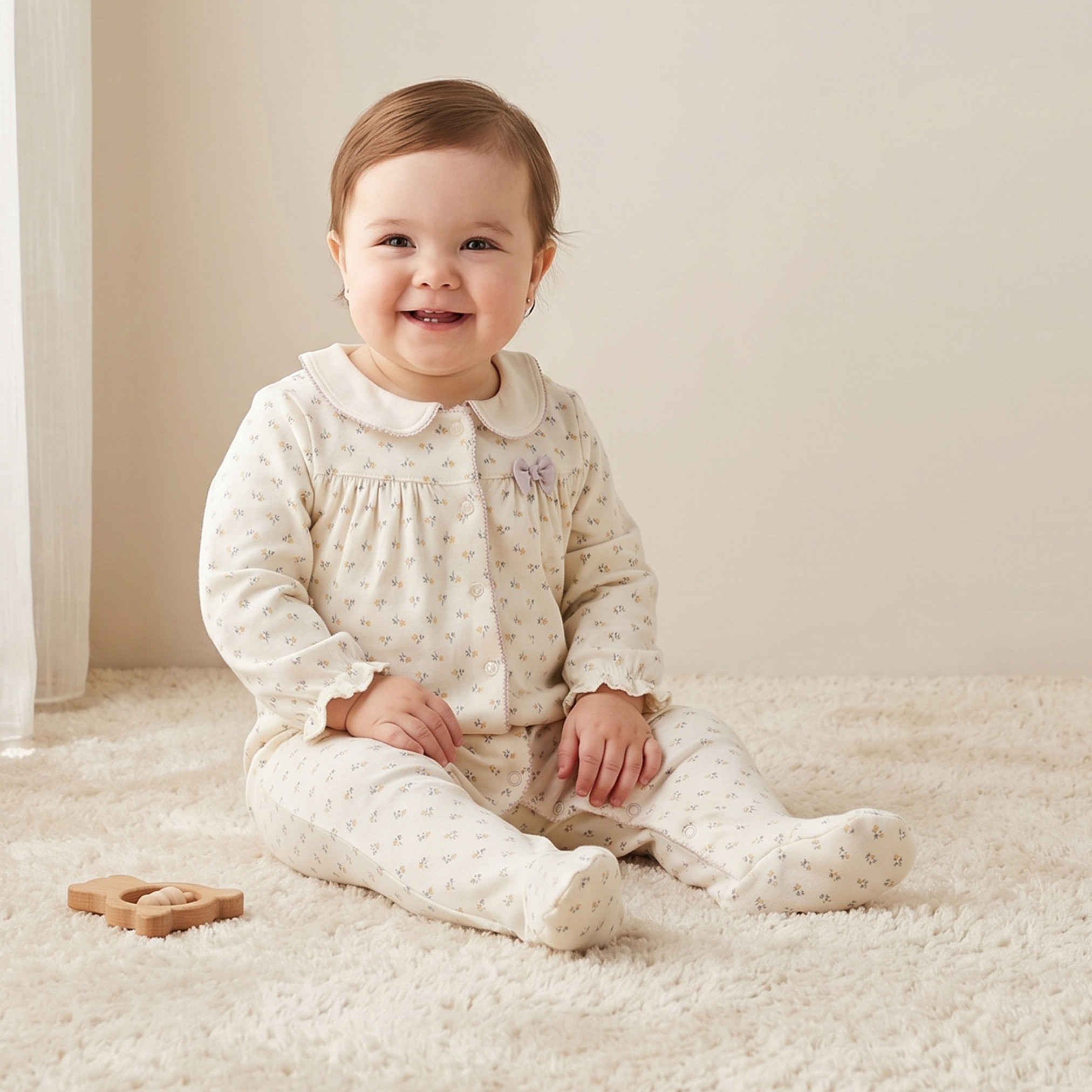 Juniors Floral Print Collared Sleepsuit with Long Sleeves-baby-girls-clothing-nightwear-sleepsuits-image-1