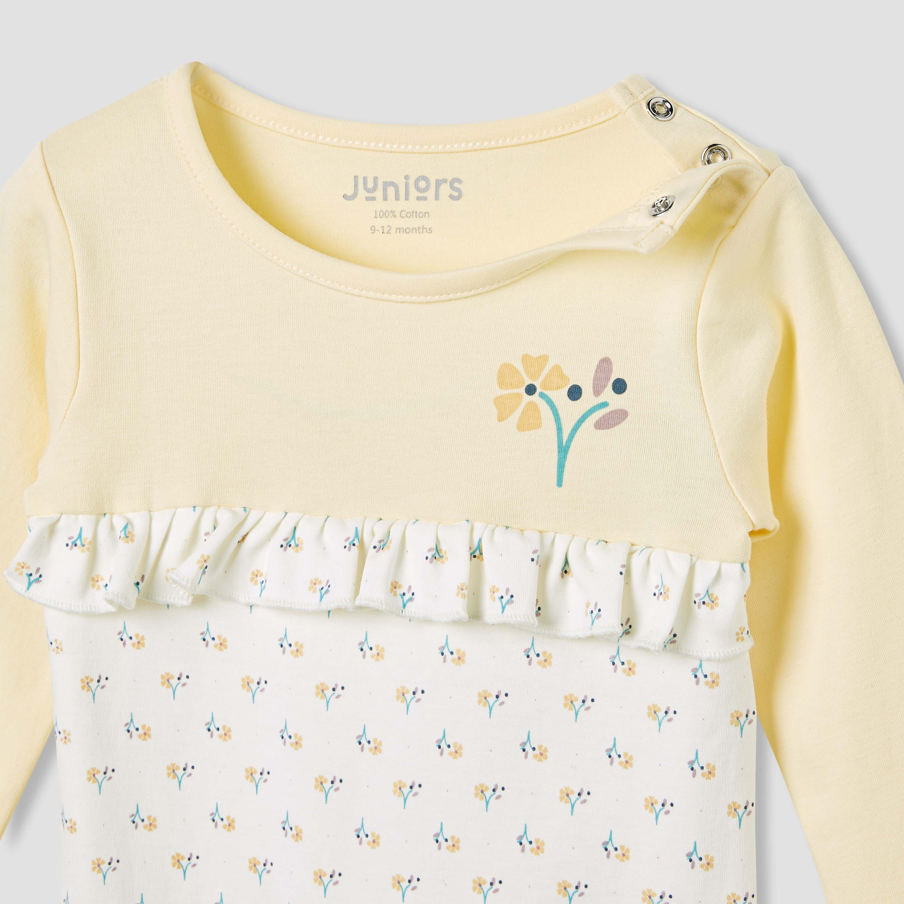 بدلة نوم بطبعات زهور بكشكش وأكمام طويلة من جونيورز-baby-girls-clothing-nightwear-sleepsuits-image-4