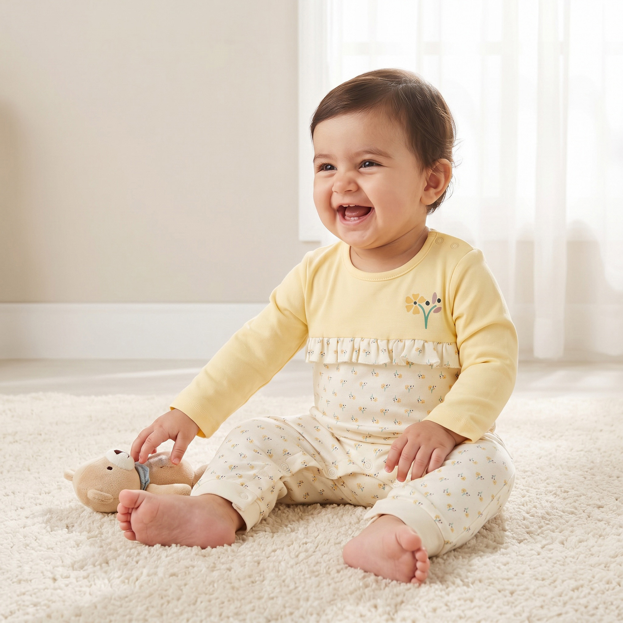 Juniors Floral Print Ruffled Sleepsuit with Long Sleeves-baby-girls-clothing-nightwear-sleepsuits-image-1