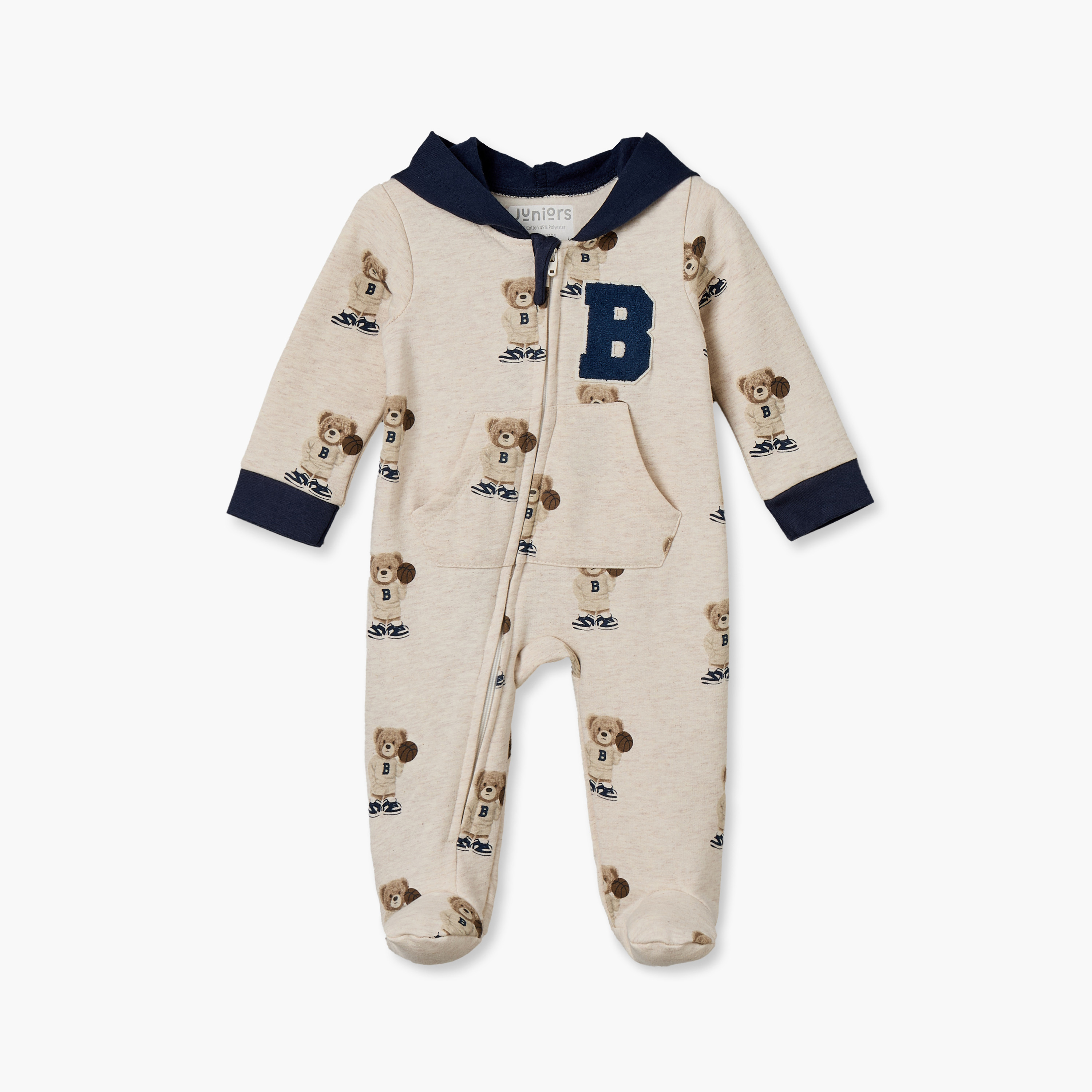 Juniors Cotton Hooded Long Sleeves Sleepsuit with Zip Closure-baby-boys-clothing-nightwear-sleepsuits-image-1