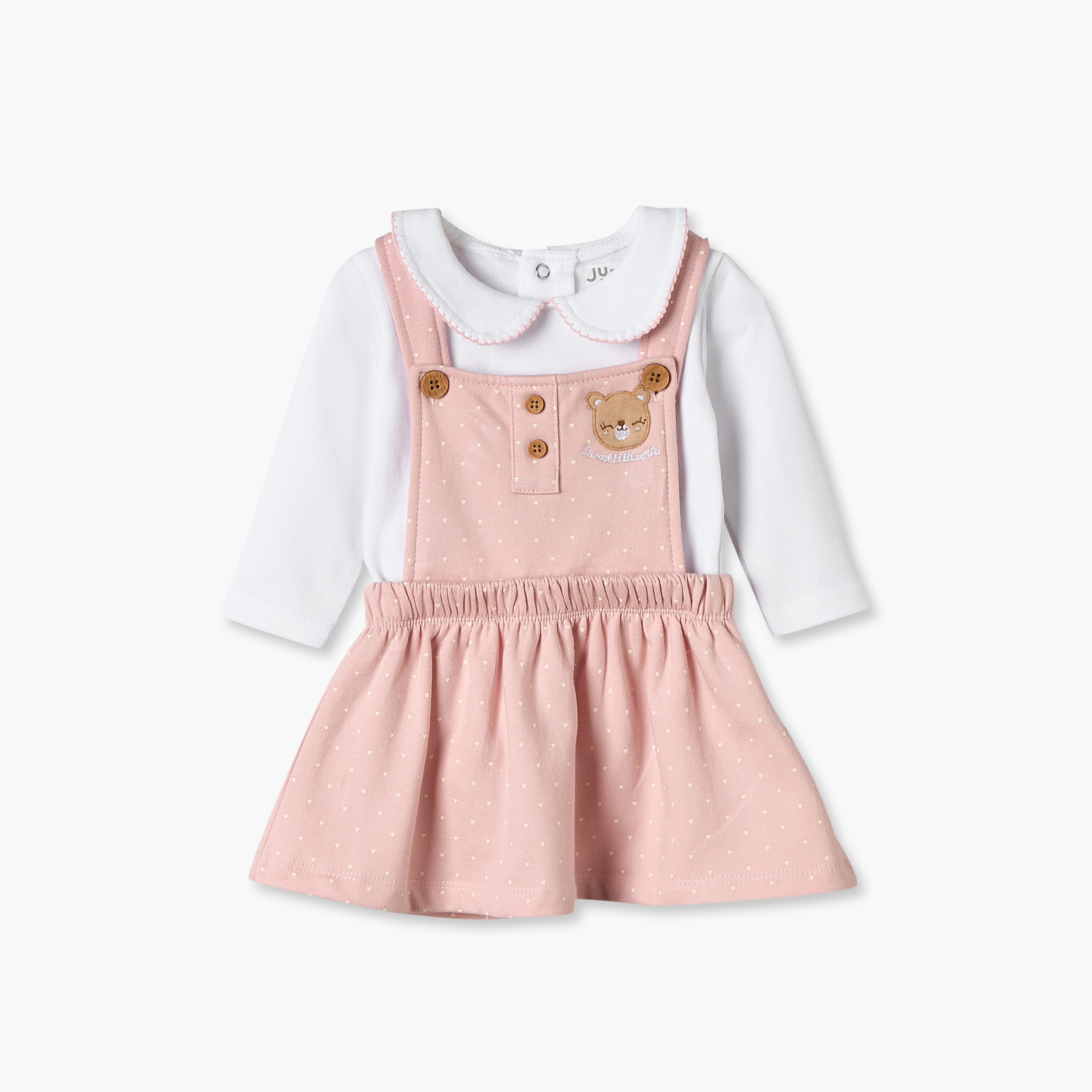 Juniors Peter Pan Collar Long Sleeves Knee Length Pinafore Dress with T-shirt-baby-girls-clothing-winterwear-dresses-image-1