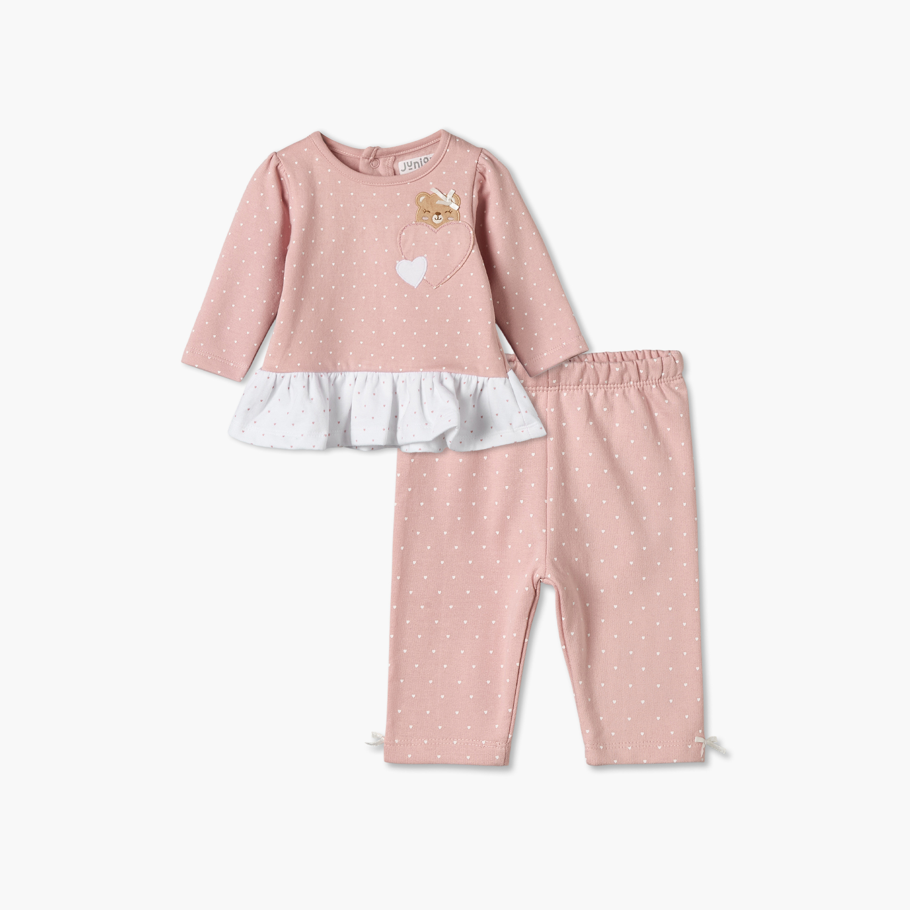 طقم بيجاما قطن بياقة ضيقة وأكمام طويلة وطبعات منقطة من جونيورز-baby-girls-clothing-winterwear-pyjamasets-image-1