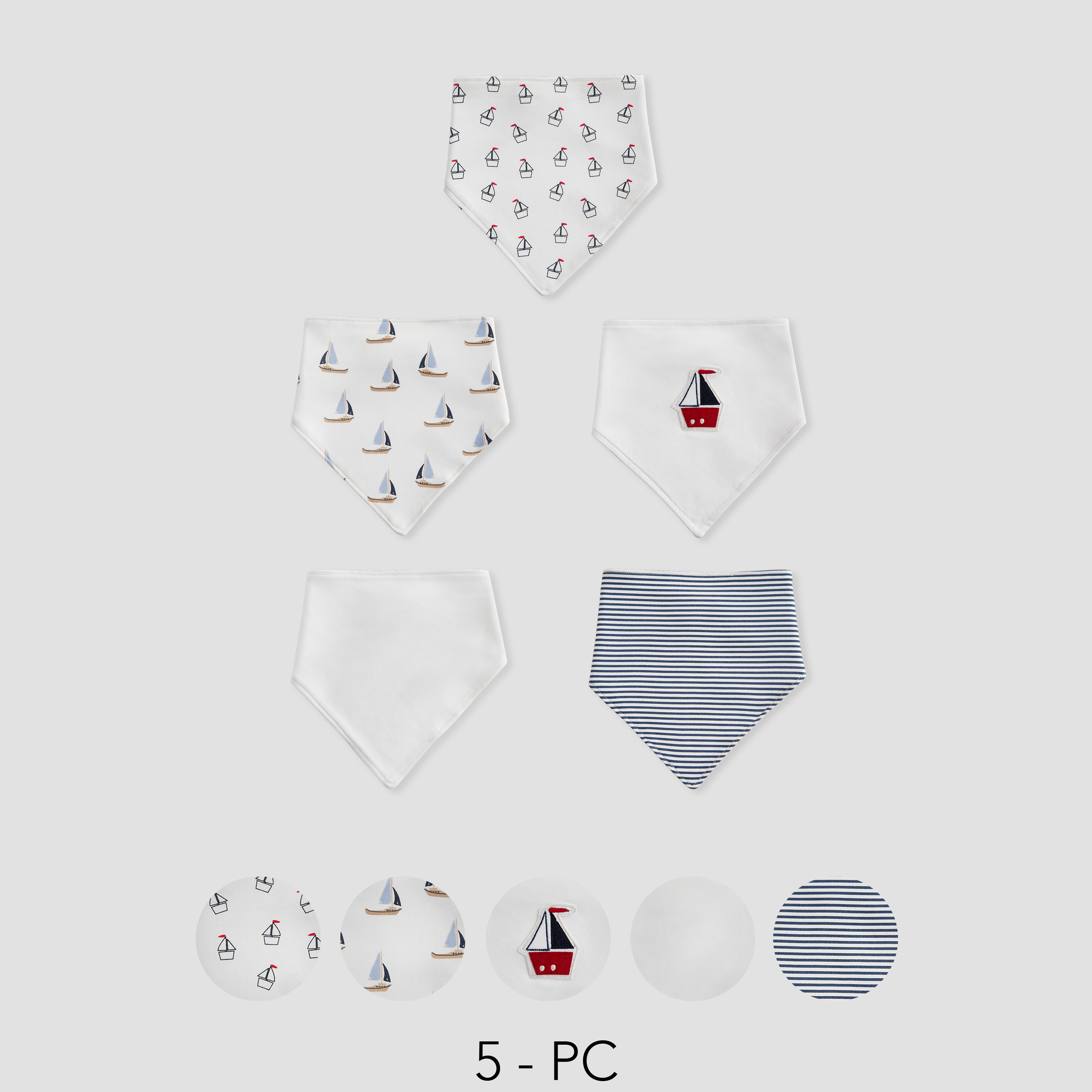 Juniors Sailboat Print Bib with Button Closure - Set of 5-baby-feeding-bibs-image-1
