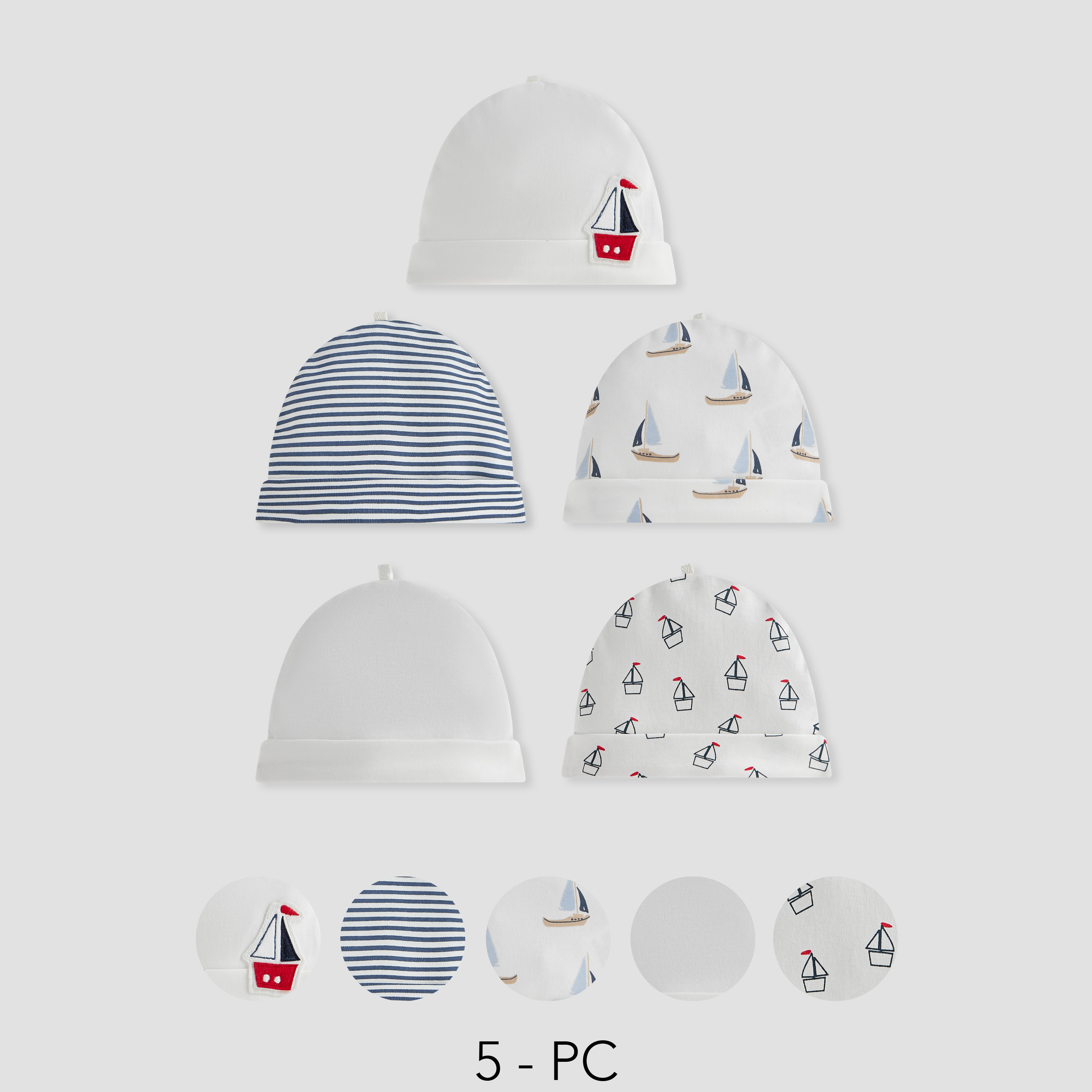 Juniors Sailboat Print Beanie Cap - Set of 5-baby-boys-accessories-caps-image-1