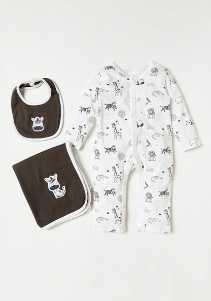 Juniors Printed Long Sleeve Sleepsuit with Bib and Burp Cloth-Clothes Sets-image-0