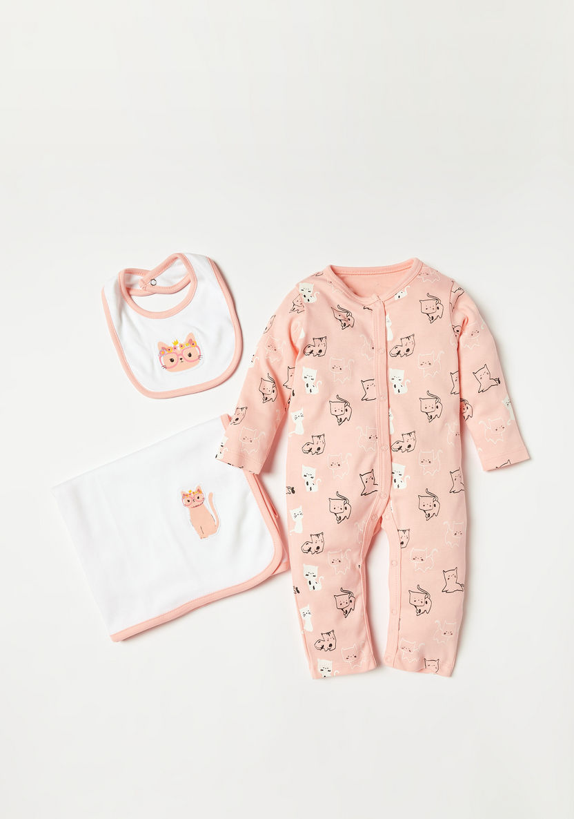 Juniors Cat Print Long Sleeve Sleepsuit with Bib and Burp Cloth-Clothes Sets-image-0