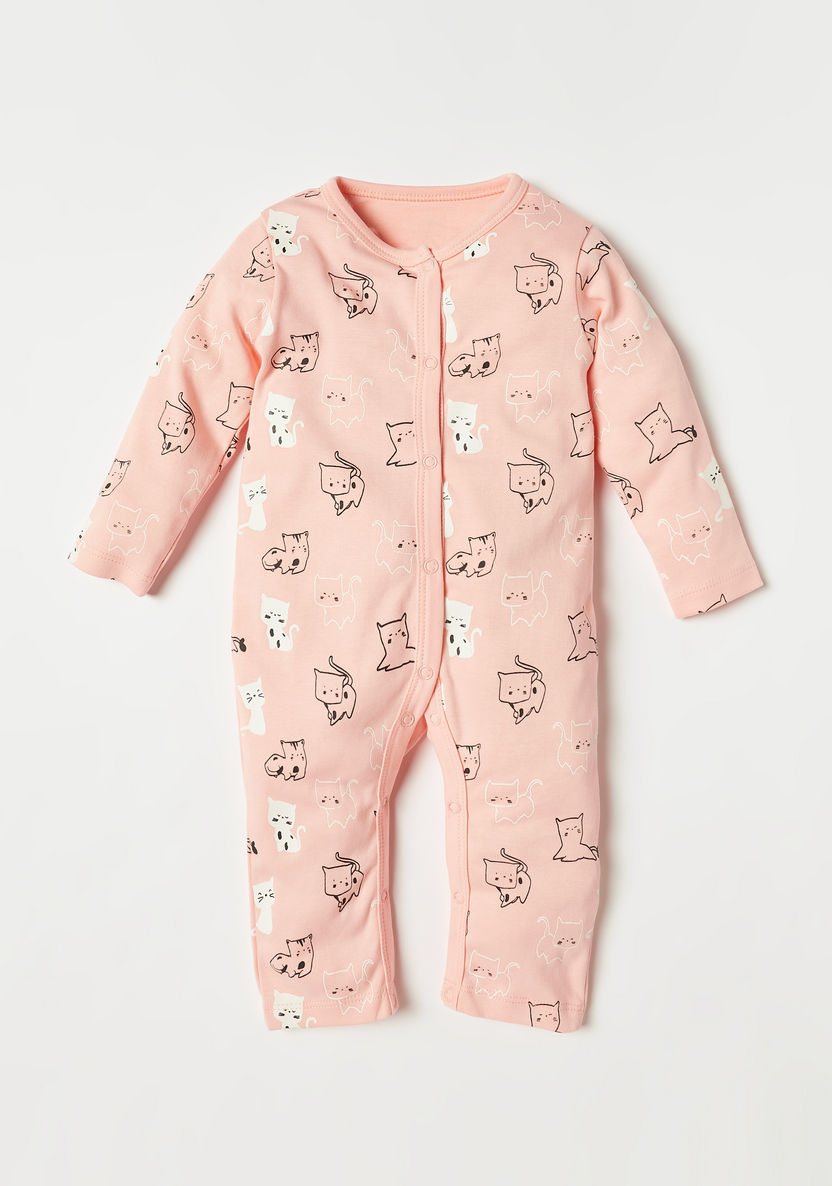 Juniors Cat Print Long Sleeve Sleepsuit with Bib and Burp Cloth-Clothes Sets-image-1