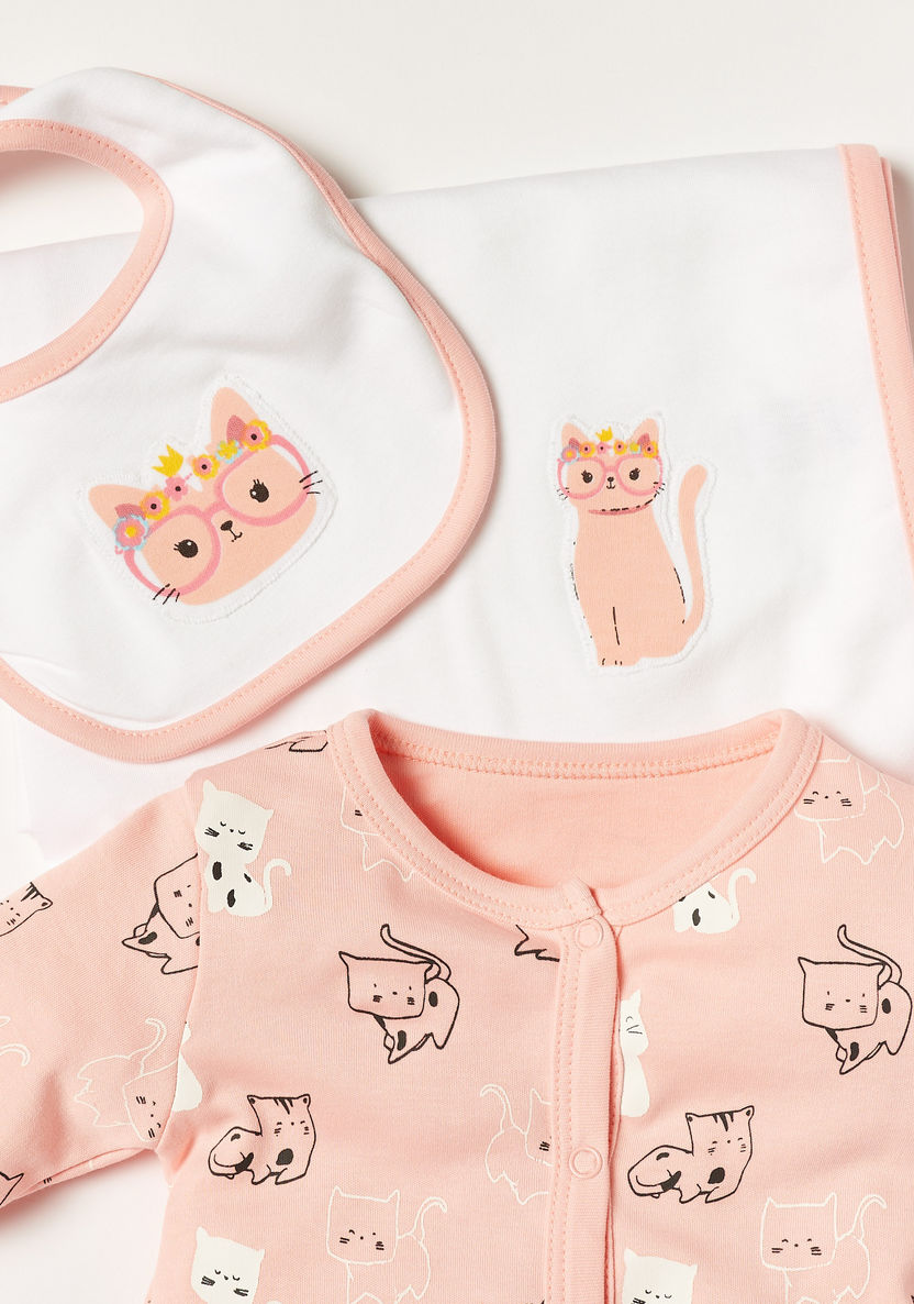 Juniors Cat Print Long Sleeve Sleepsuit with Bib and Burp Cloth-Clothes Sets-image-4