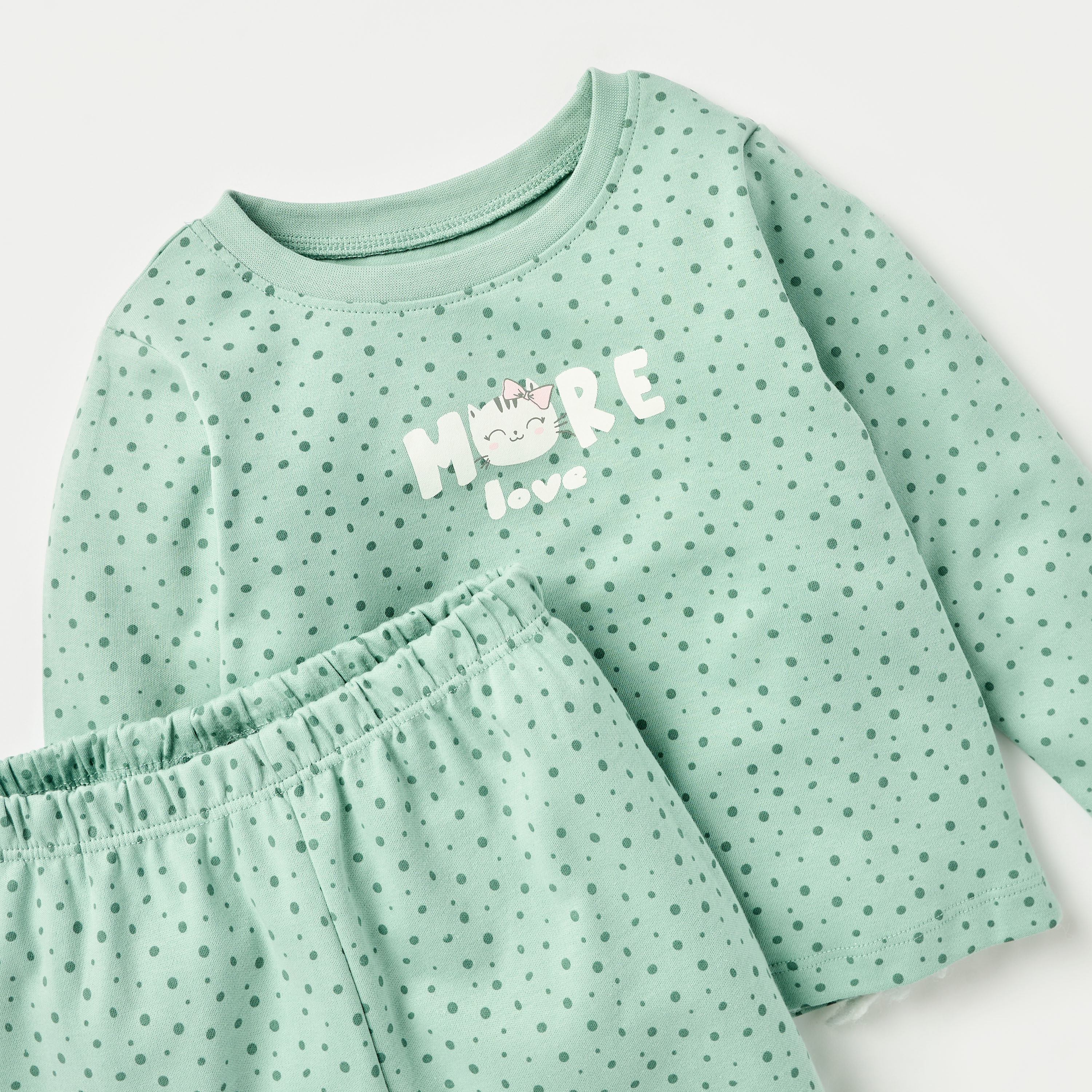 Juniors Dot Print Long Sleeves T-shirt and Elasticated Pyjama Set-baby-girls-clothing-nightwear-pyjamasets-image-4