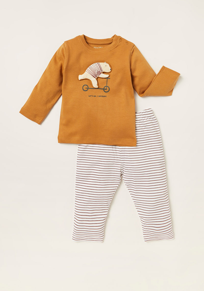 Juniors Bear Applique Long Sleeves T-shirt and Striped Pyjama Set-Pyjama Sets-image-0