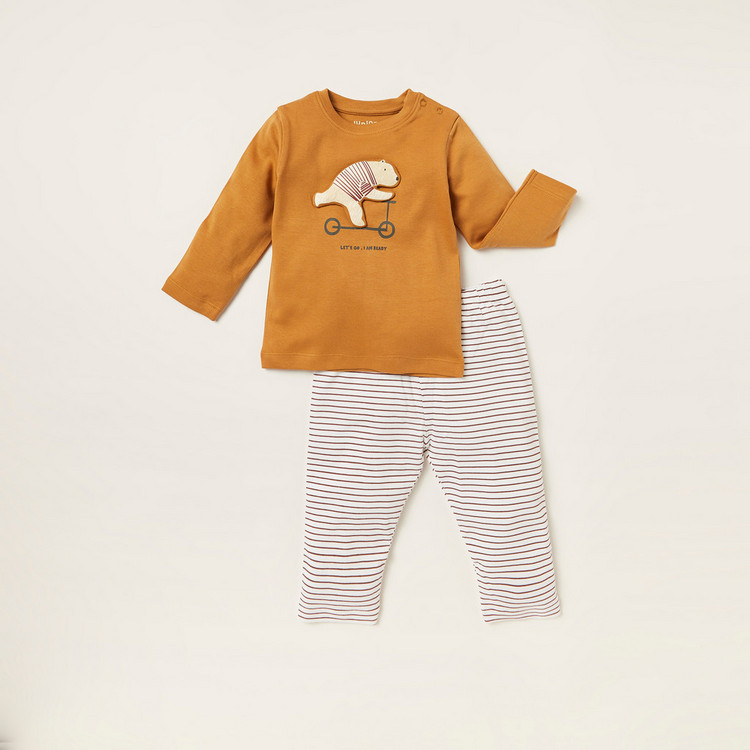 Juniors Bear Applique Long Sleeves T-shirt and Striped Pyjama Set
