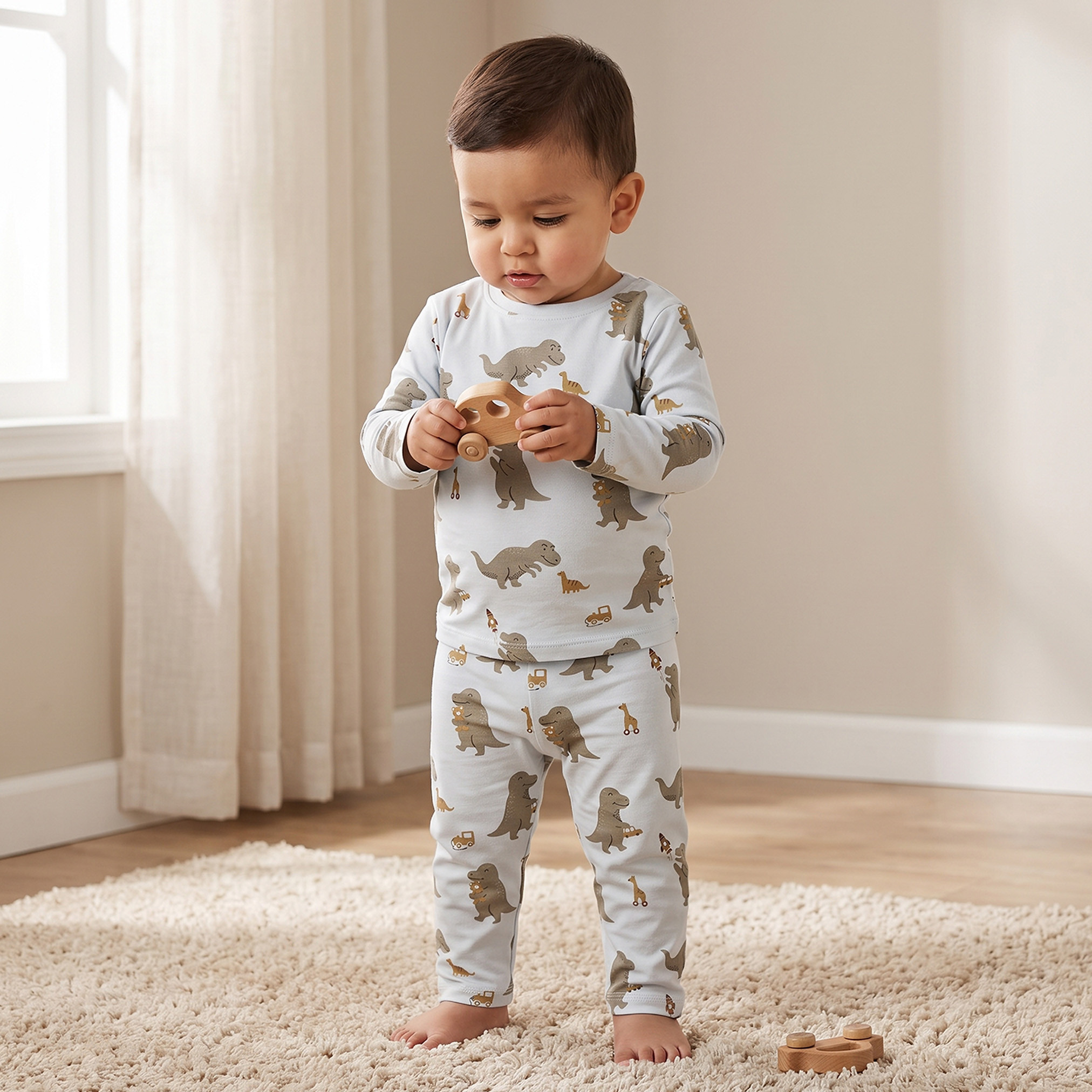 طقم بيجاما قطني بياقة مستديرة وأكمام طويلة بطبعة ديناصورات من جونيورز-baby-boys-clothing-nightwear-pyjamasets-image-1