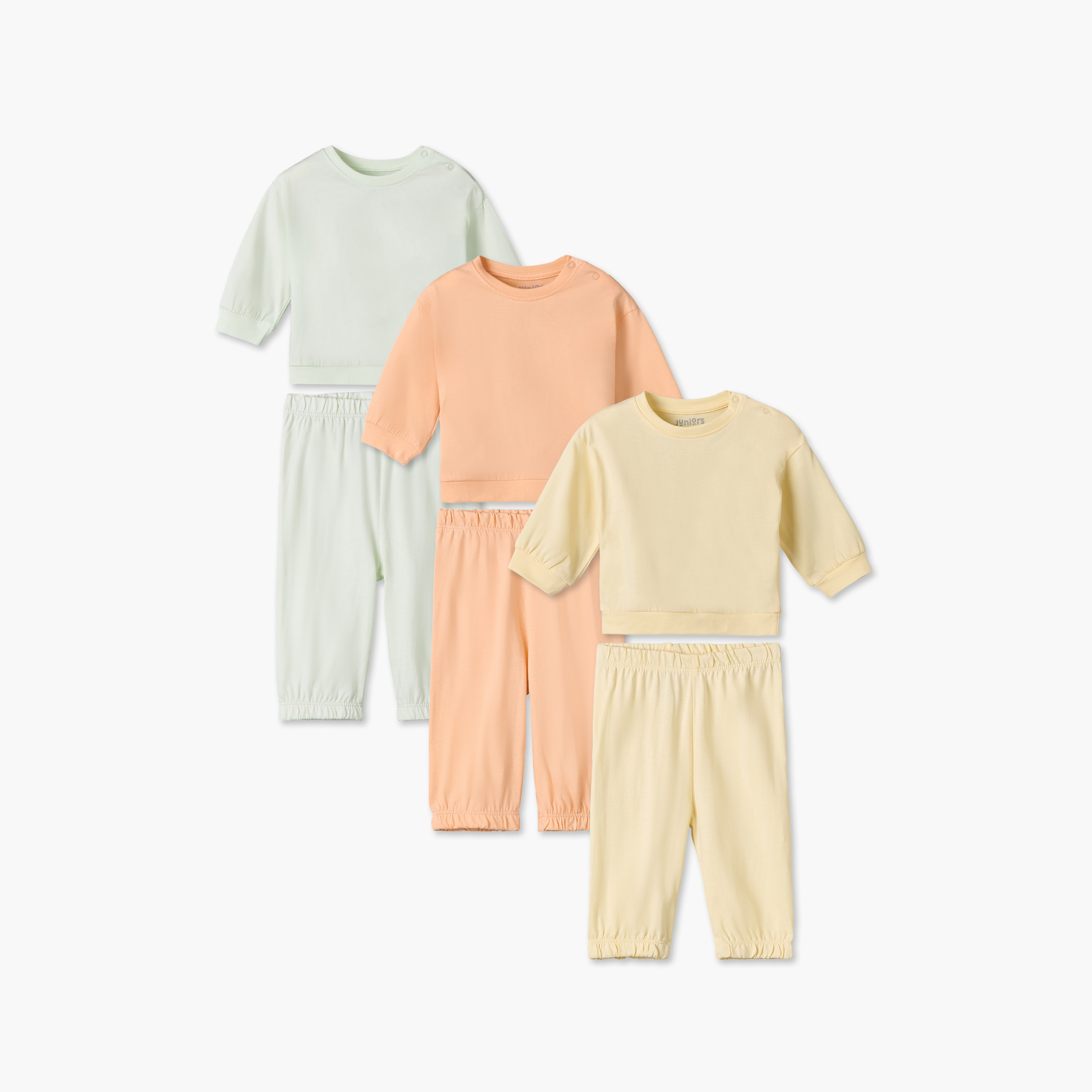 بيجاما قطن بأكمام طويلة ورقبة ضيقة وزر إغلاق كباس من جونيورز - عبوة من 3 أطقم-baby-girls-clothing-nightwear-pyjamasets-image-1