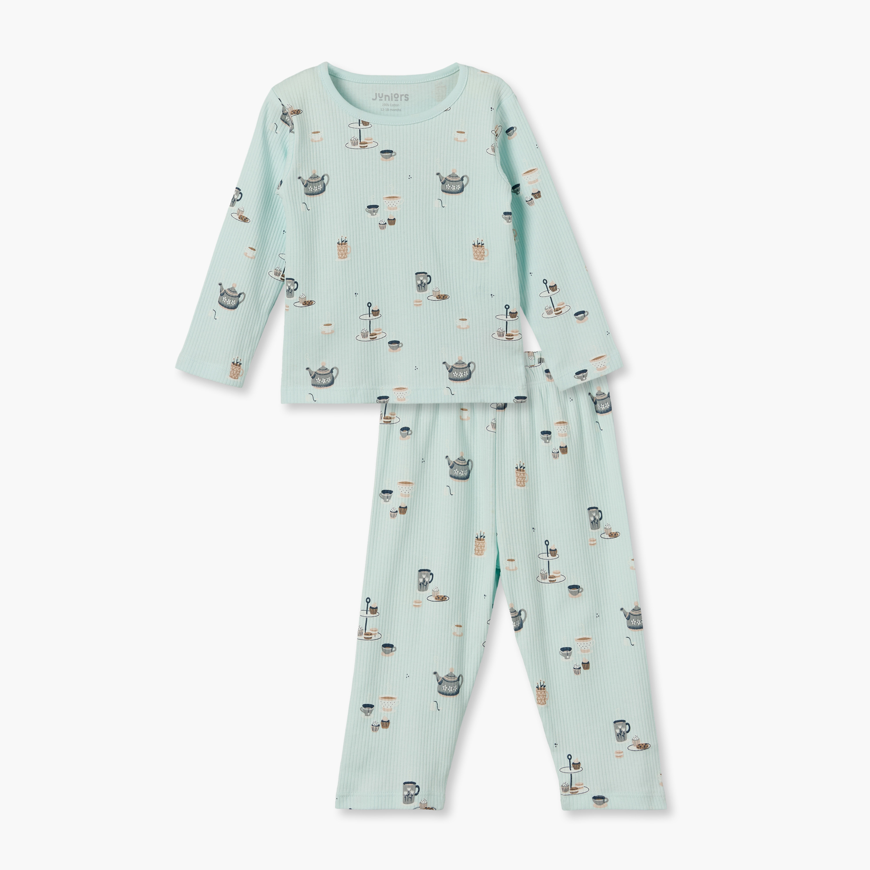 Juniors Cotton Crew Neck Long Sleeves Pyjama Set with Breakfast Print-baby-girls-clothing-nightwear-pyjamasets-image-1