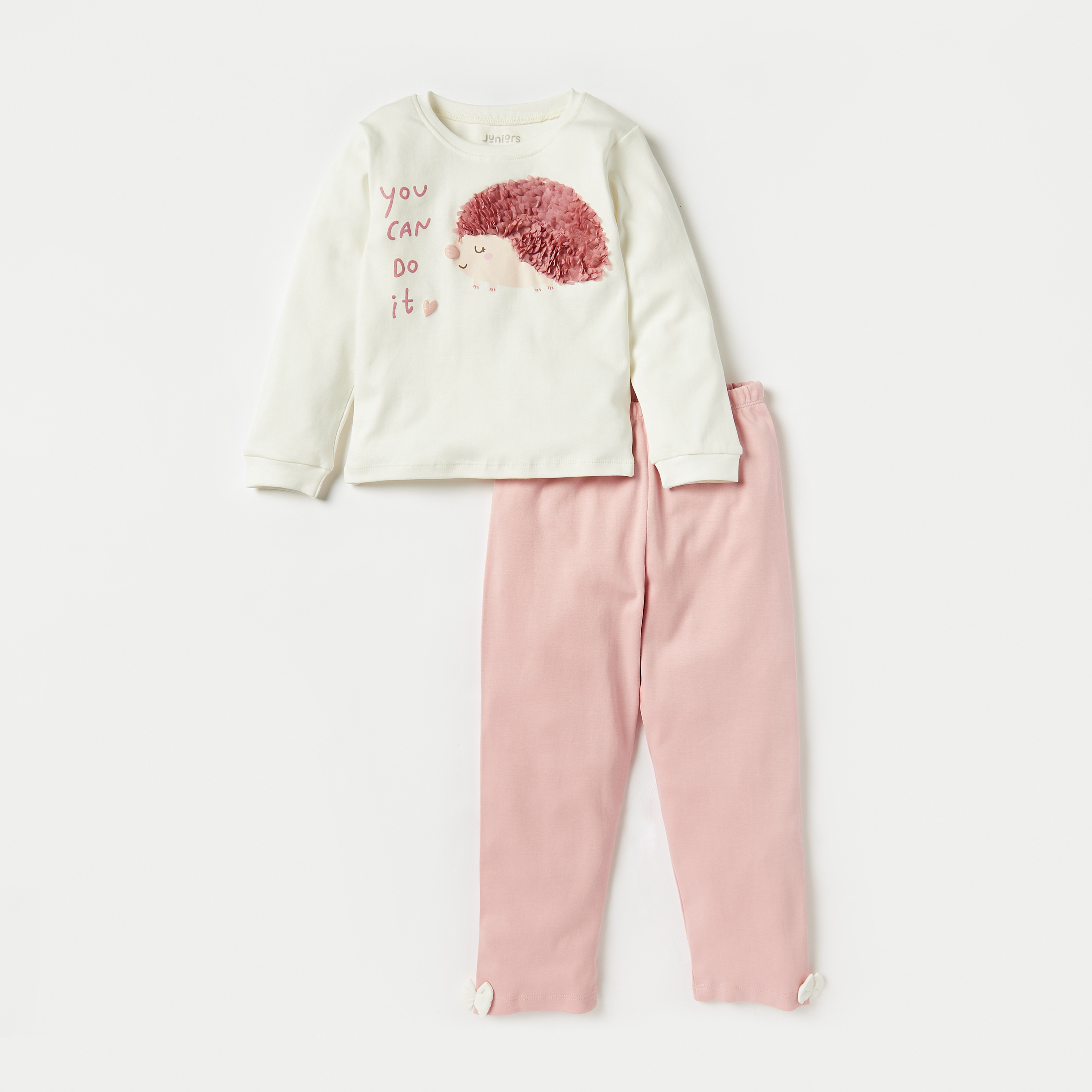 Juniors Hedgehog Applique Long Sleeves T-shirt and Pyjama Set-baby-girls-clothing-nightwear-pyjamasets-image-1