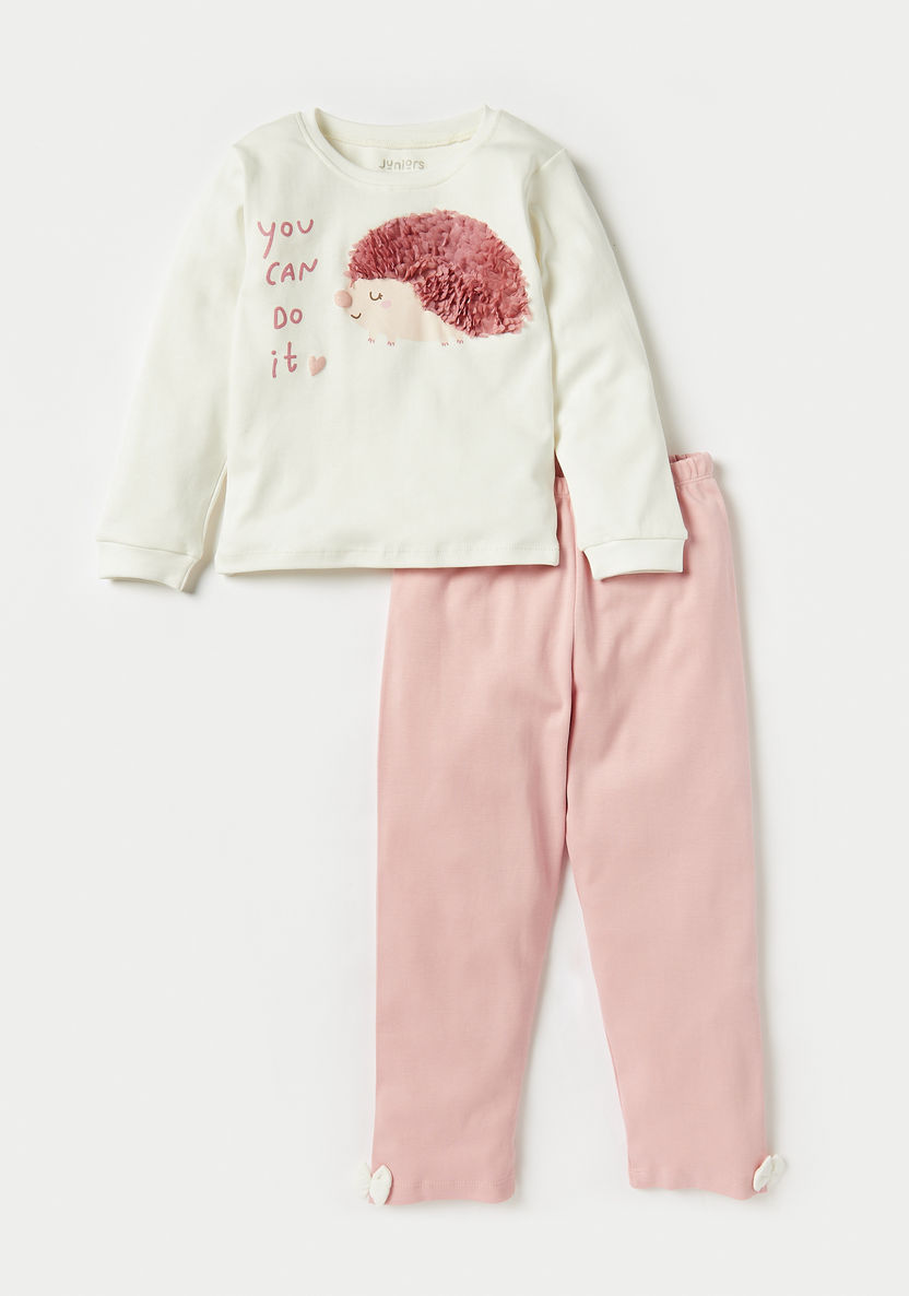 Juniors Hedgehog Applique Long Sleeves T-shirt and Pyjama Set-Pyjama Sets-image-0