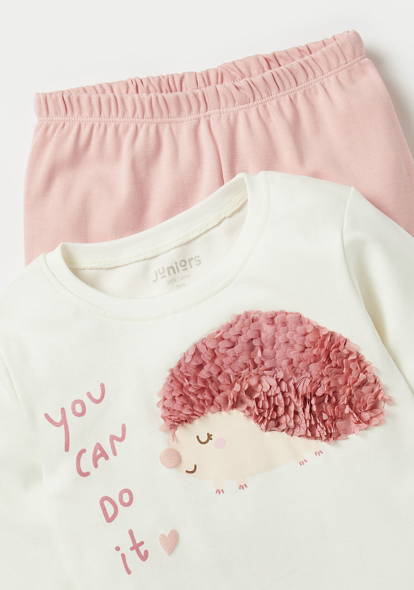Juniors Hedgehog Applique Long Sleeves T-shirt and Pyjama Set-Pyjama Sets-image-3