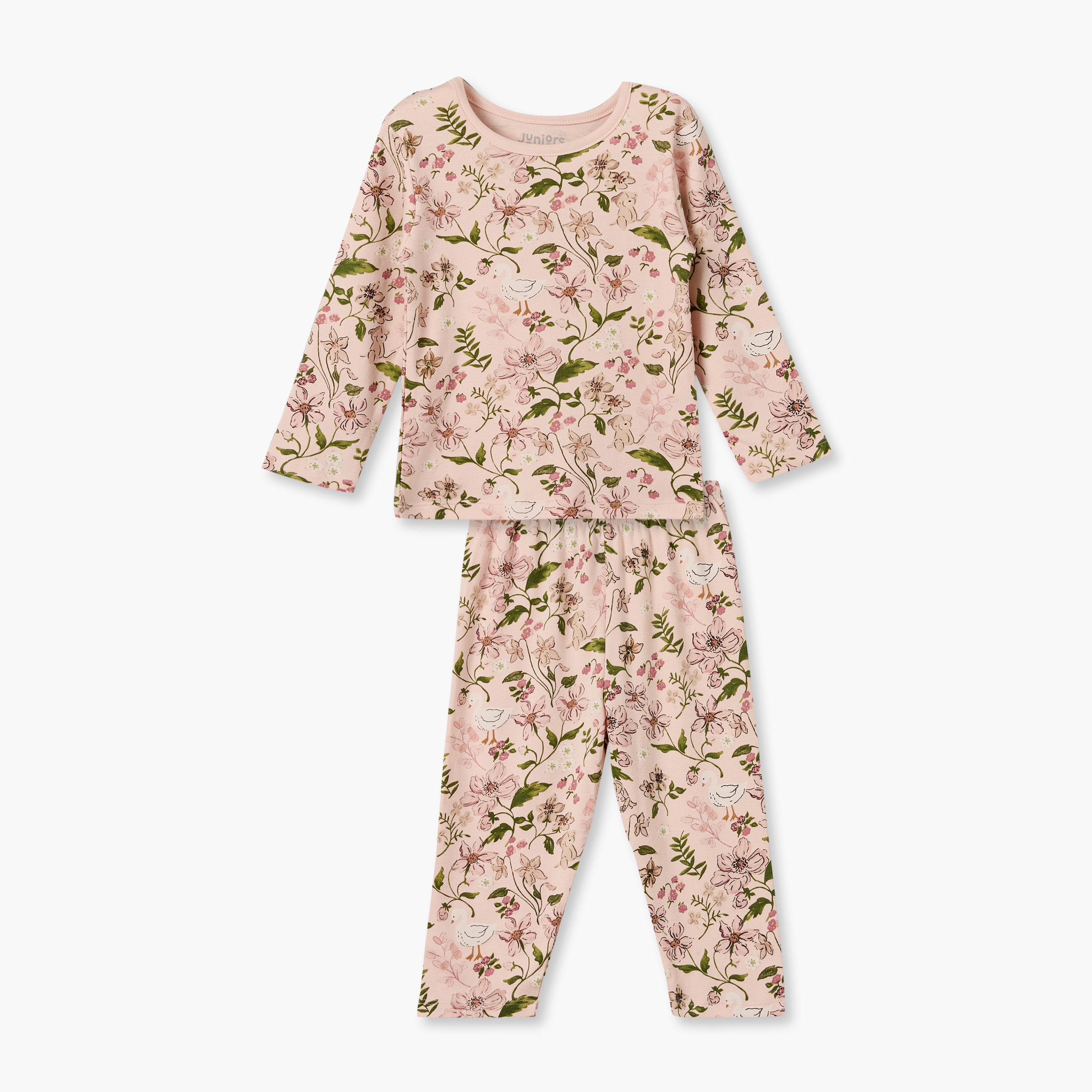 Juniors Cotton Crew Neck Long Sleeves Pyjama Set with Floral Print-baby-girls-clothing-nightwear-pyjamasets-image-1