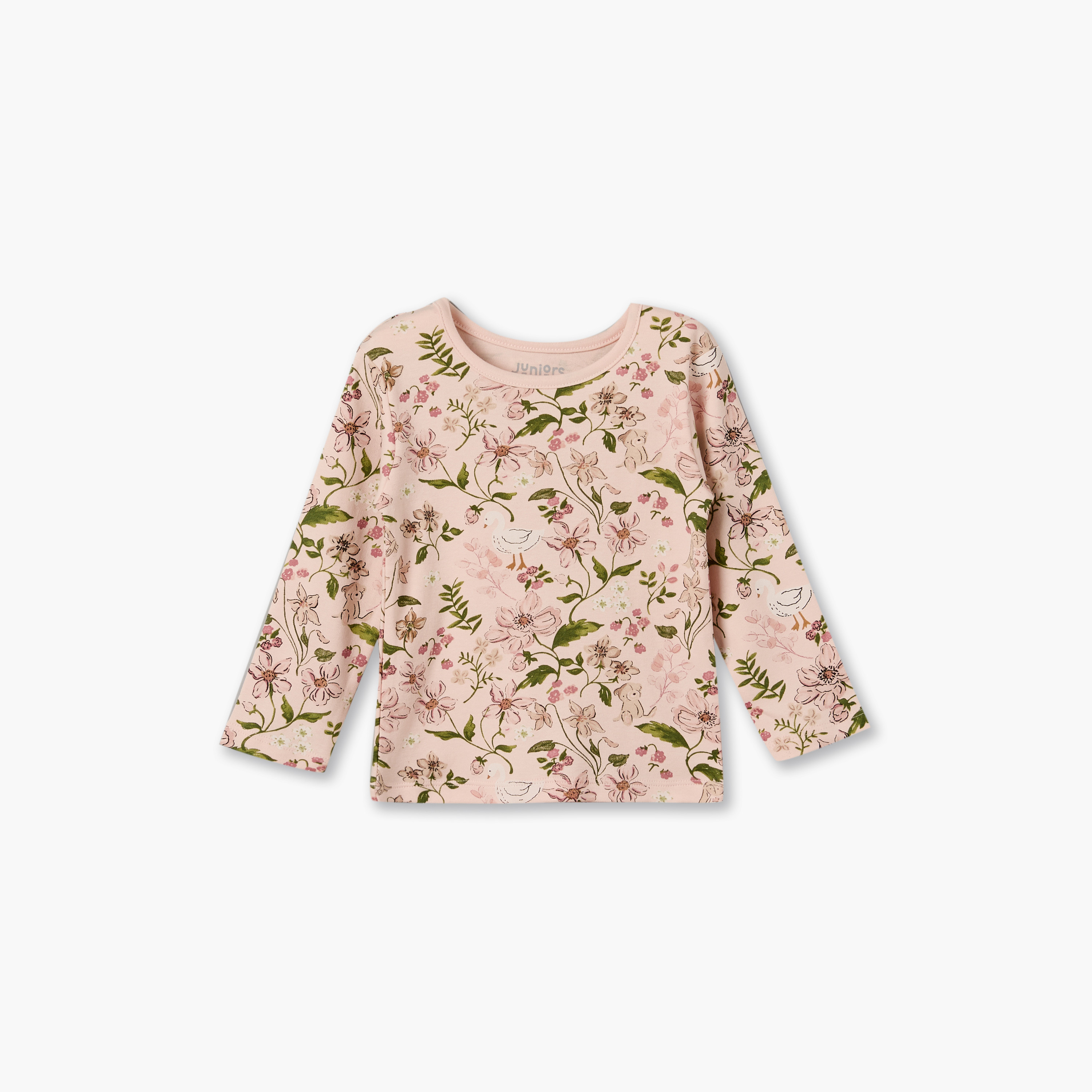 Juniors Cotton Crew Neck Long Sleeves Pyjama Set with Floral Print-baby-girls-clothing-nightwear-pyjamasets-image-2