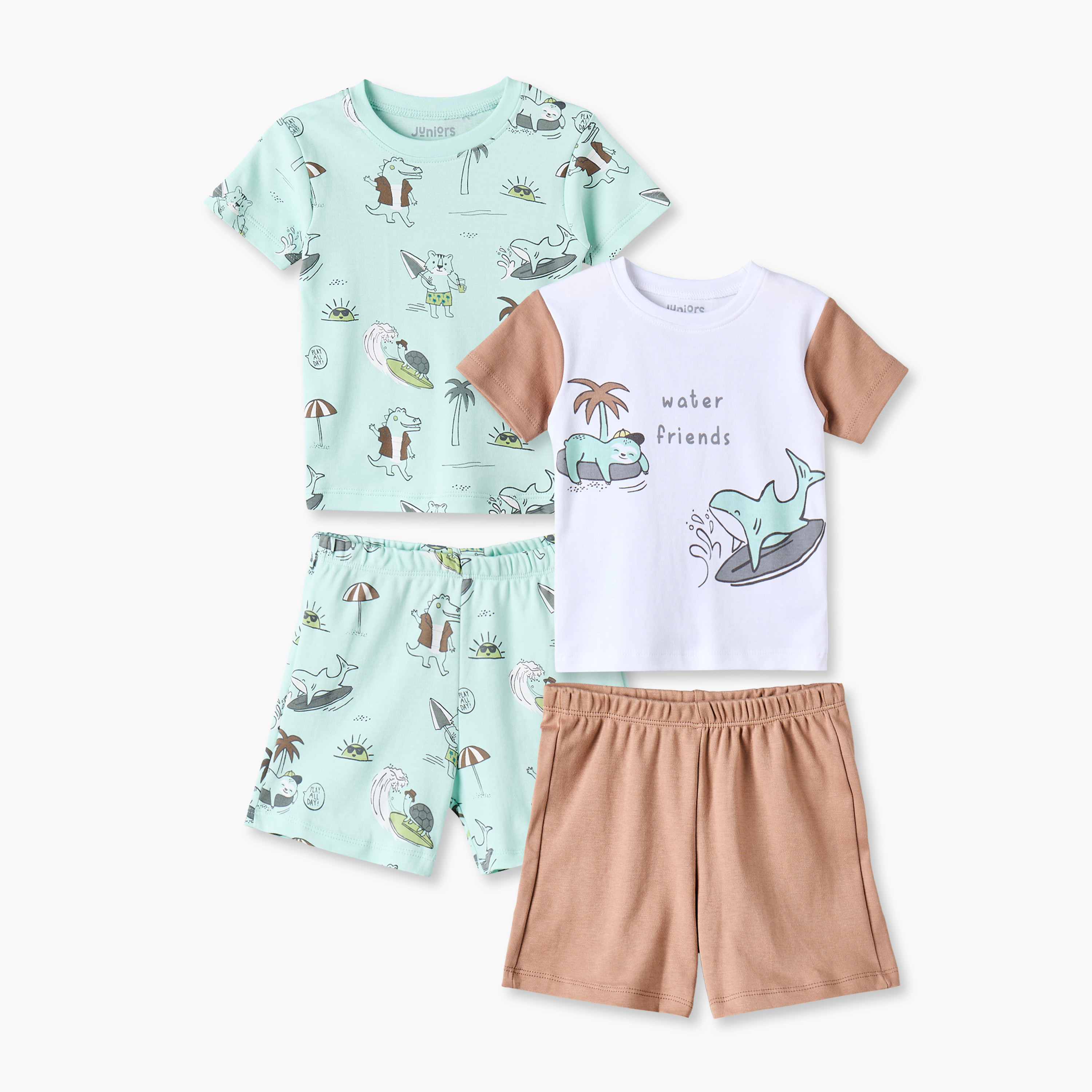 طقم شورت وتيشيرت بياقة ضيقة وأكمام قصيرة وطبعات من جونيورز - عبوة من طقمين-baby-boys-clothing-setsandcoords-image-1