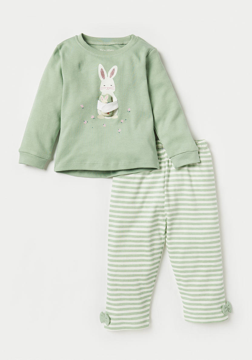 Juniors Bunny Applique Long Sleeves T-shirt and Pyjama Set-Pyjama Sets-image-0