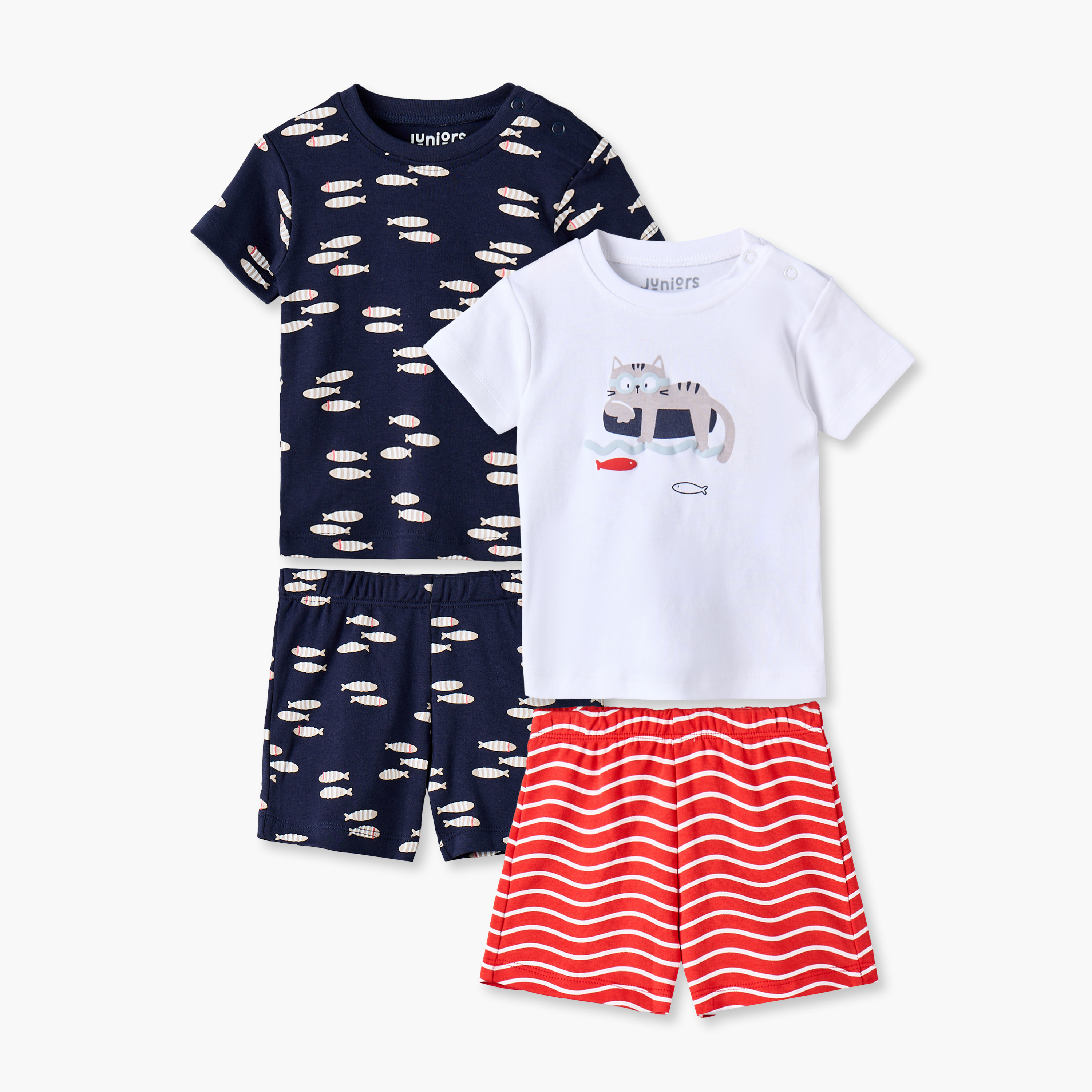 طقم شورت وتيشيرت بياقة ضيقة وأكمام قصيرة وطبعات متنوعة من جونيورز - عبوة من طقمين-baby-boys-clothing-setsandcoords-image-1