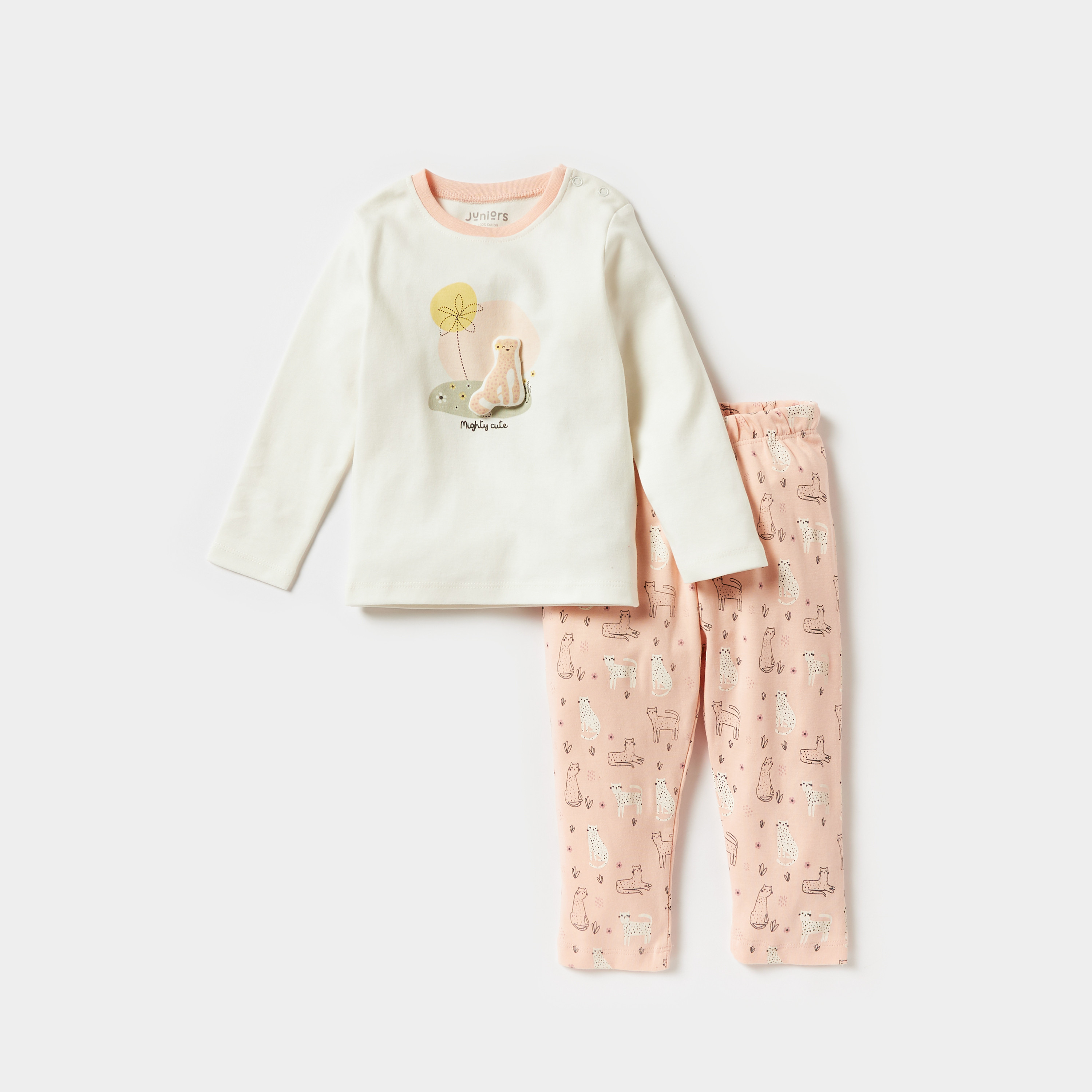 Juniors Leopard Print Long Sleeves T-shirt and Pyjama Set-baby-girls-clothing-nightwear-pyjamasets-image-1