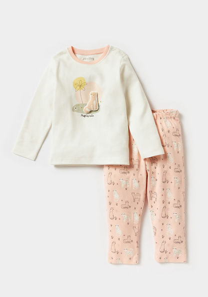 Juniors Leopard Print Long Sleeves T-shirt and Pyjama Set-Pyjama Sets-image-0
