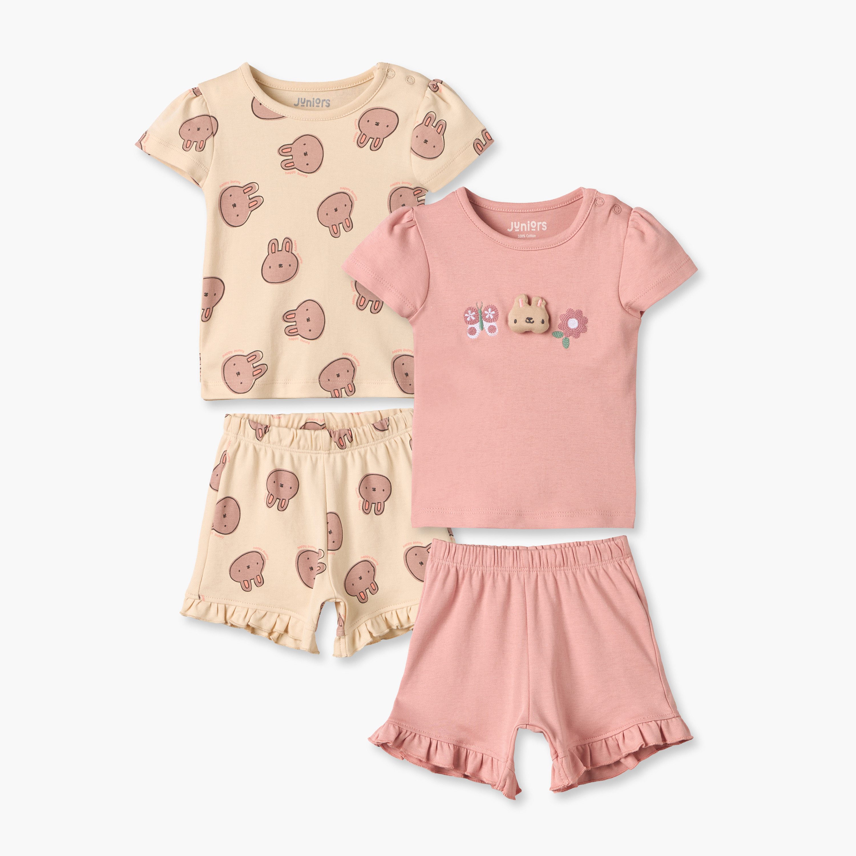 Pack of 2 Juniors Crew Neck Short Sleeves T-shirt with Shorts Set with Bunny Print-baby-girls-clothing-setsandcoords-image-1