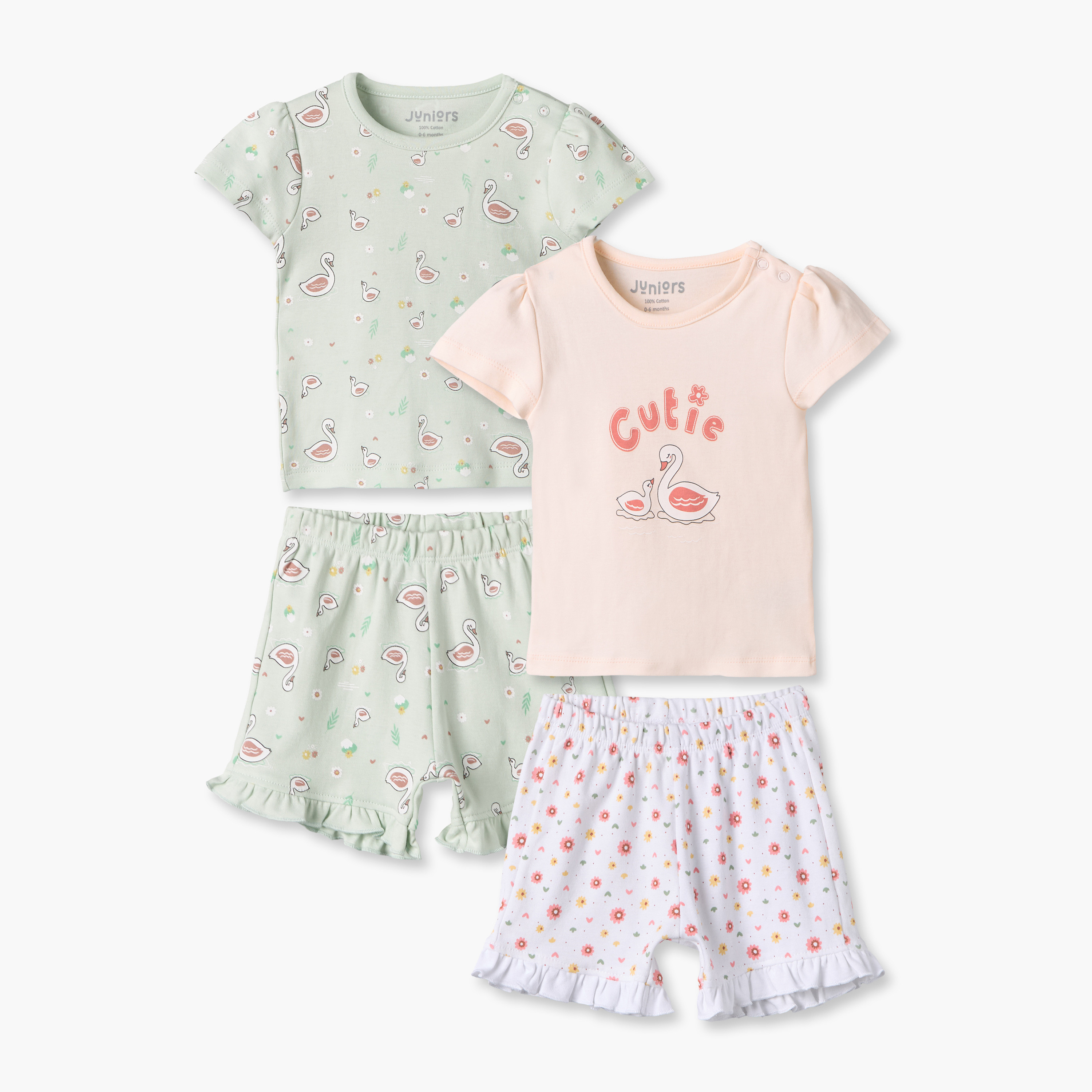 Pack of 2 Juniors Crew Neck Short Sleeves T-shirt with Shorts Set with Swan Print-baby-girls-clothing-setsandcoords-image-1