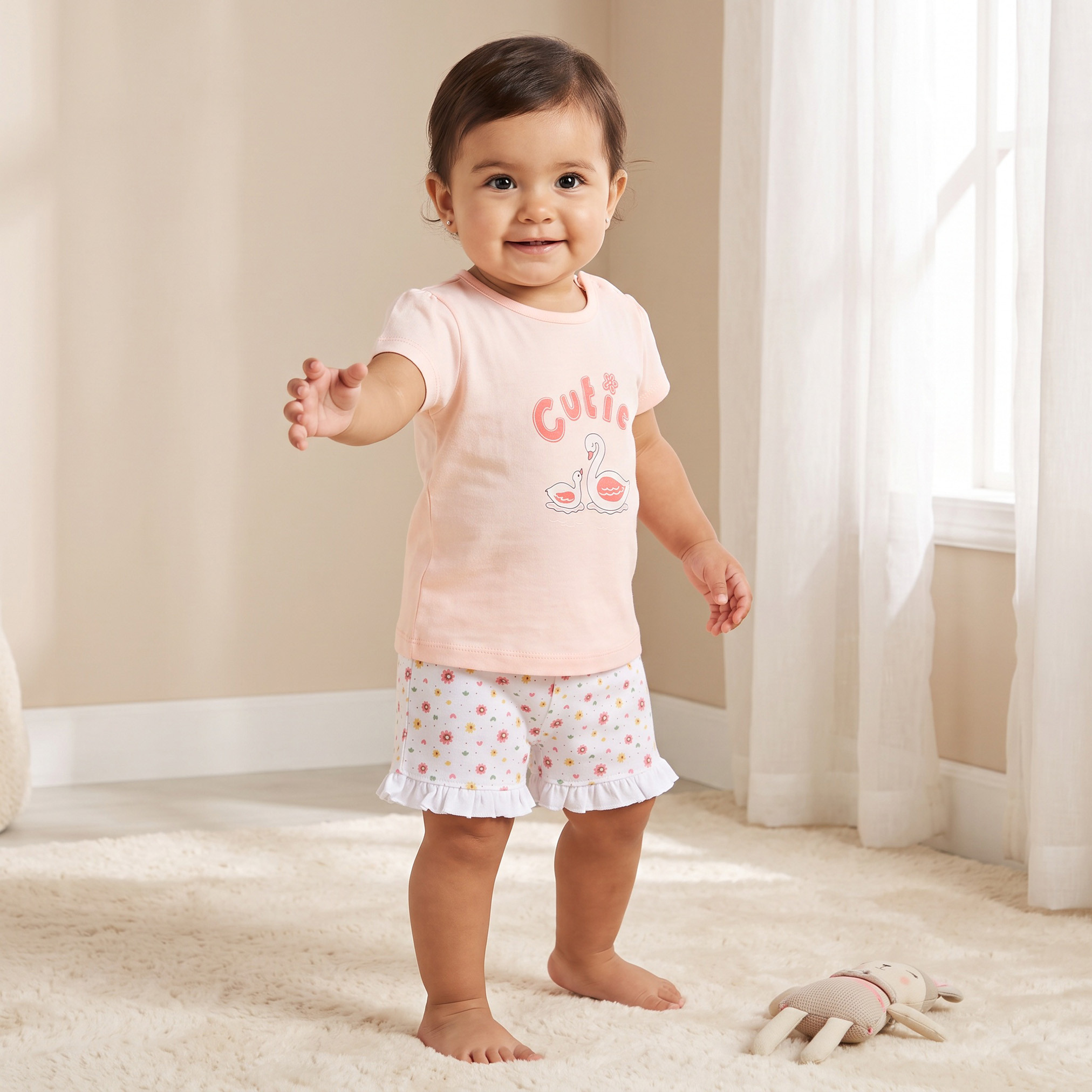 Pack of 2 Juniors Crew Neck Short Sleeves T-shirt with Shorts Set with Swan Print-baby-girls-clothing-setsandcoords-image-2