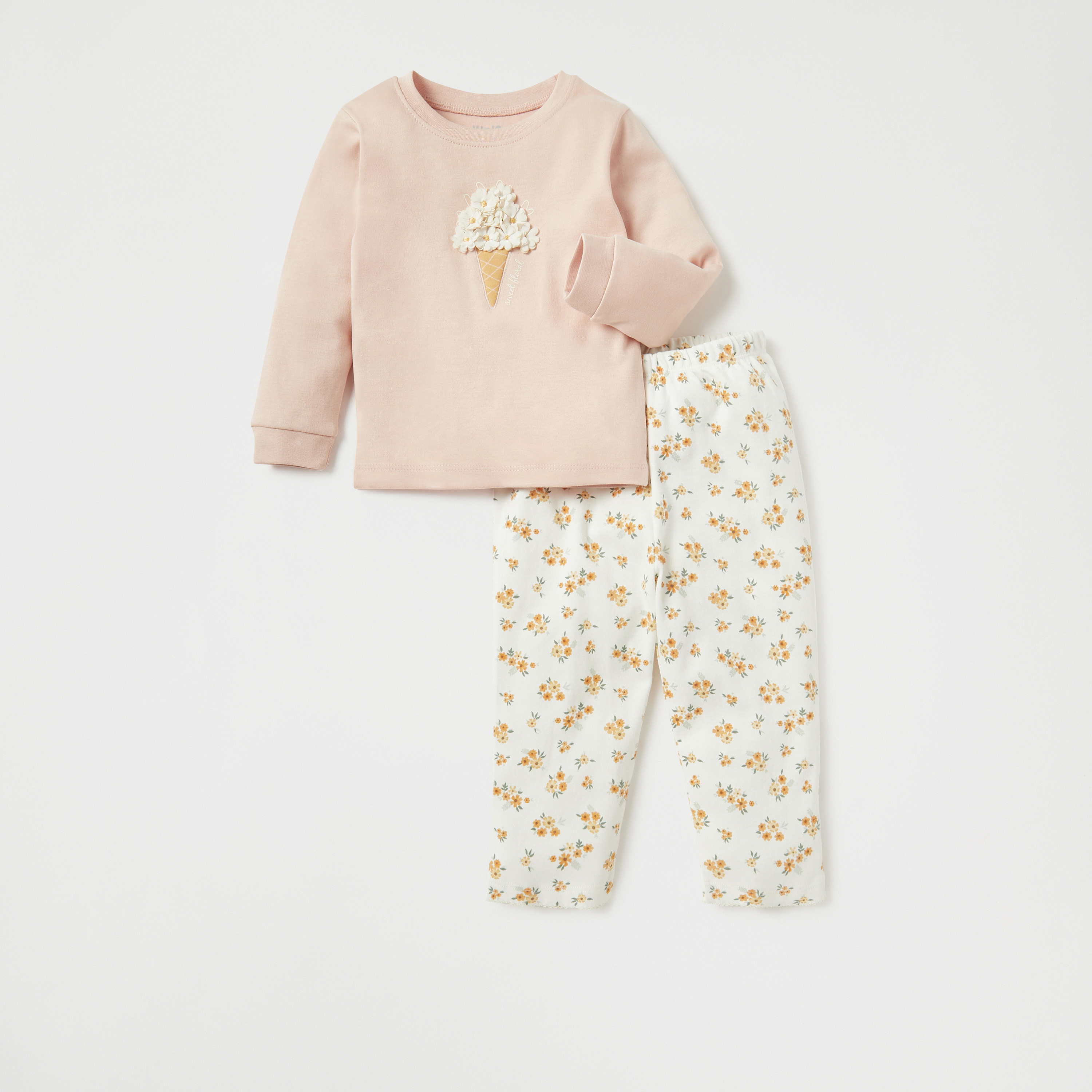 Juniors Floral Applique Cotton T-shirt and Printed Pyjama Set-baby-girls-clothing-nightwear-pyjamasets-image-1