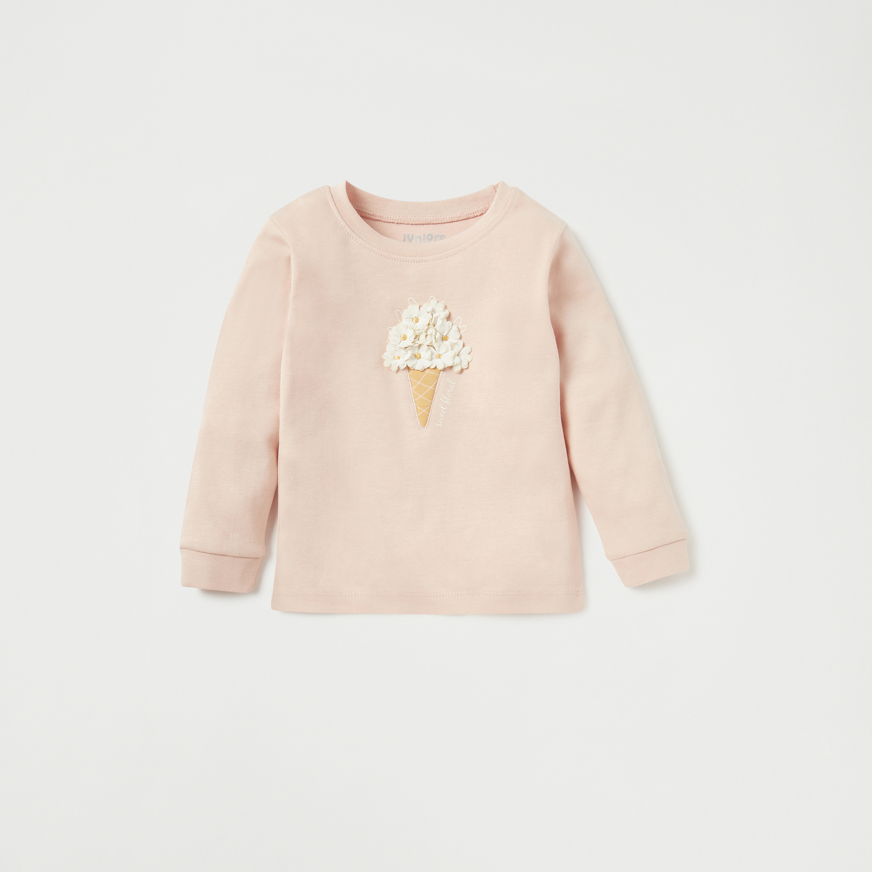 Juniors Floral Applique Cotton T-shirt and Printed Pyjama Set-baby-girls-clothing-nightwear-pyjamasets-image-2