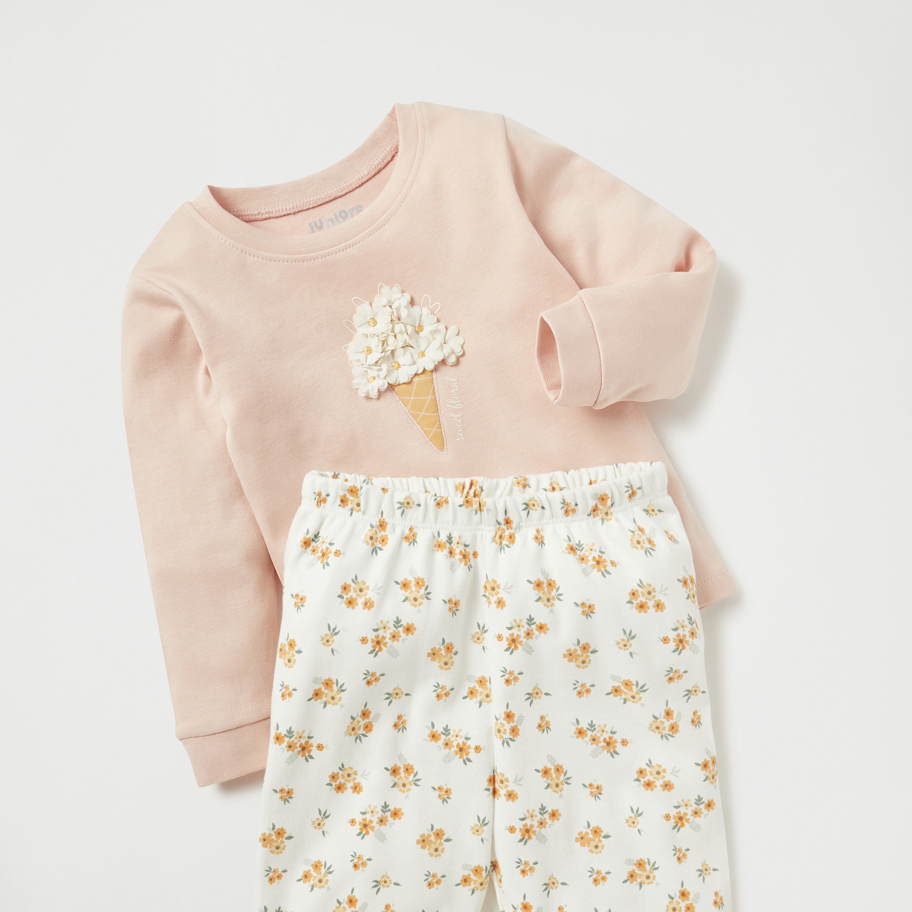 Juniors Floral Applique Cotton T-shirt and Printed Pyjama Set-baby-girls-clothing-nightwear-pyjamasets-image-4